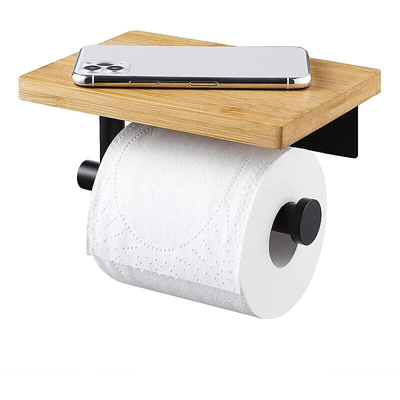 CA Portarrollos de papel higiénico adhesivo con estante de bambú, sin perforaciones, de acero inoxidable 304