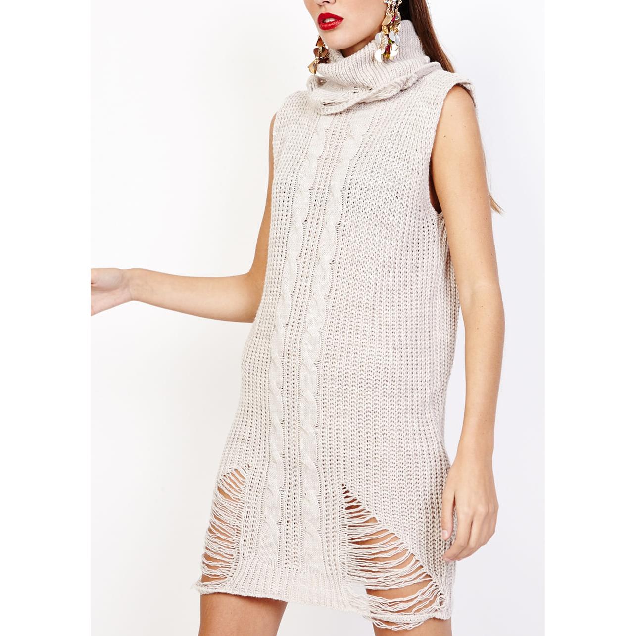 Vestido mujer punto grueso sin mangas dress outfit cuello alto beige talla única corte mini estilo casual tejido cómodo ideal invierno otoño look versátil elegante tejido suave ✅Entrega 24/48h