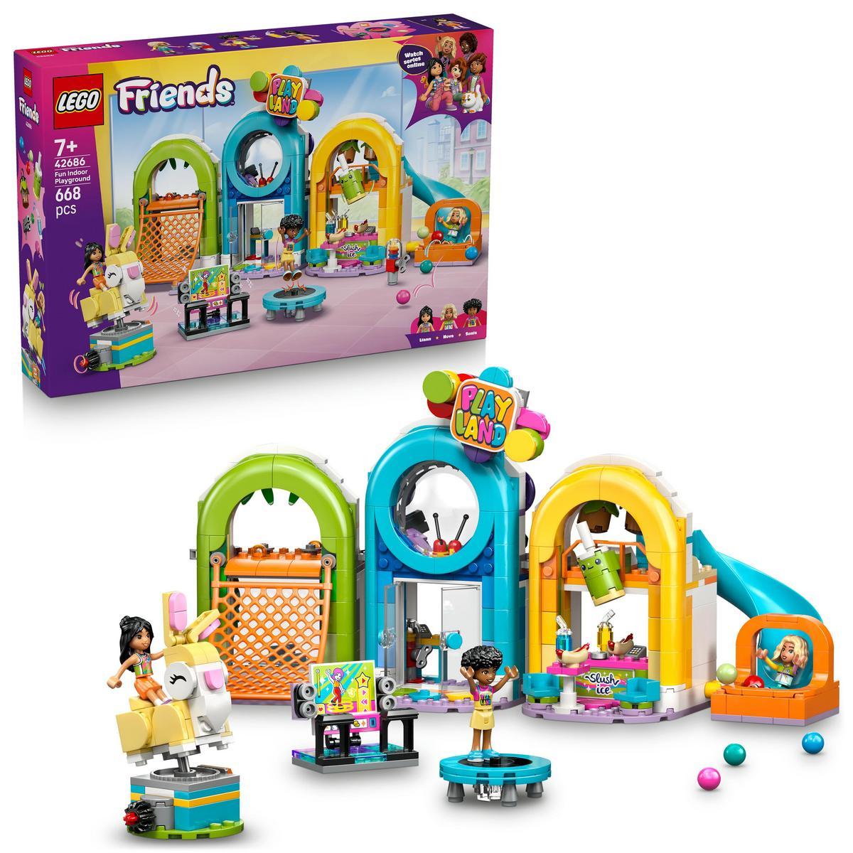 LEGO® 42686 Friends Parque de Juegos Cubierto Set de Juego Simbólico con 3 Minipersonajes, Piscina de Bolas, Máquina Infantil y Carrusel para Mayores de 7 Años