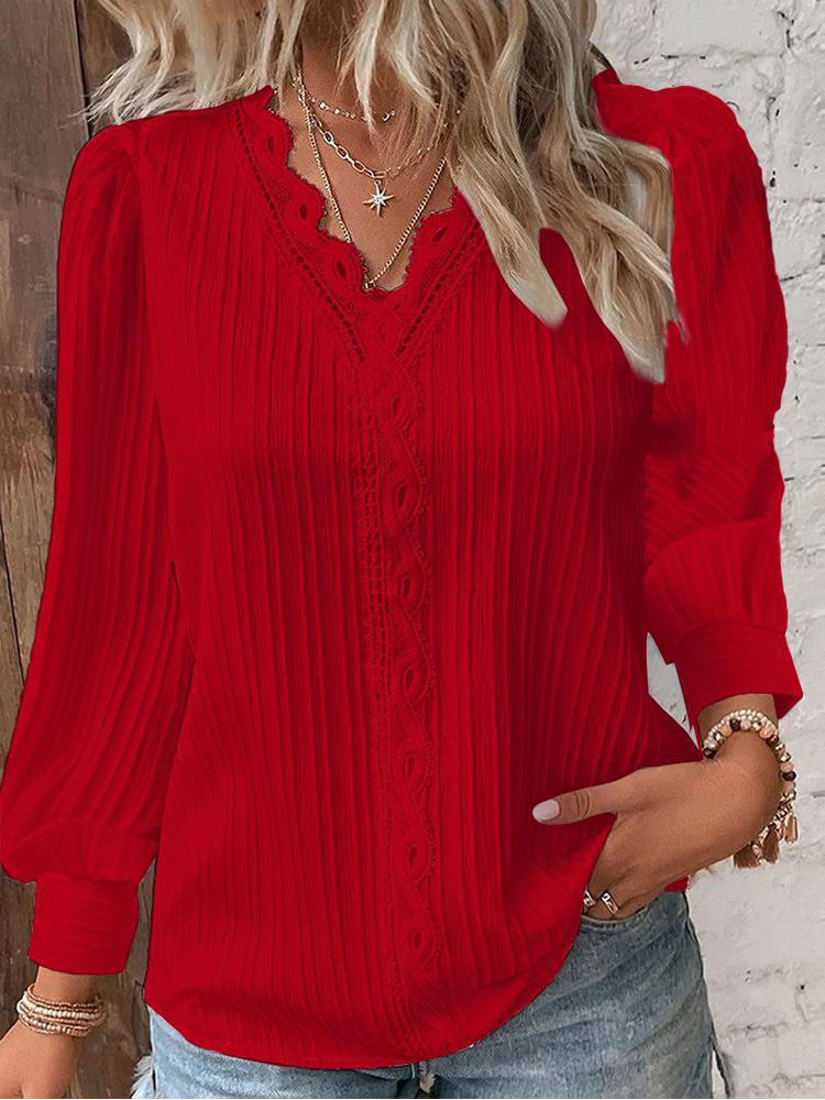 TK Blusa Elegante De Mujer En Chiffón Negro Con Detalles De Encaje Y Manga Flare Diseño Vacío Y Sencillo Para Oficina