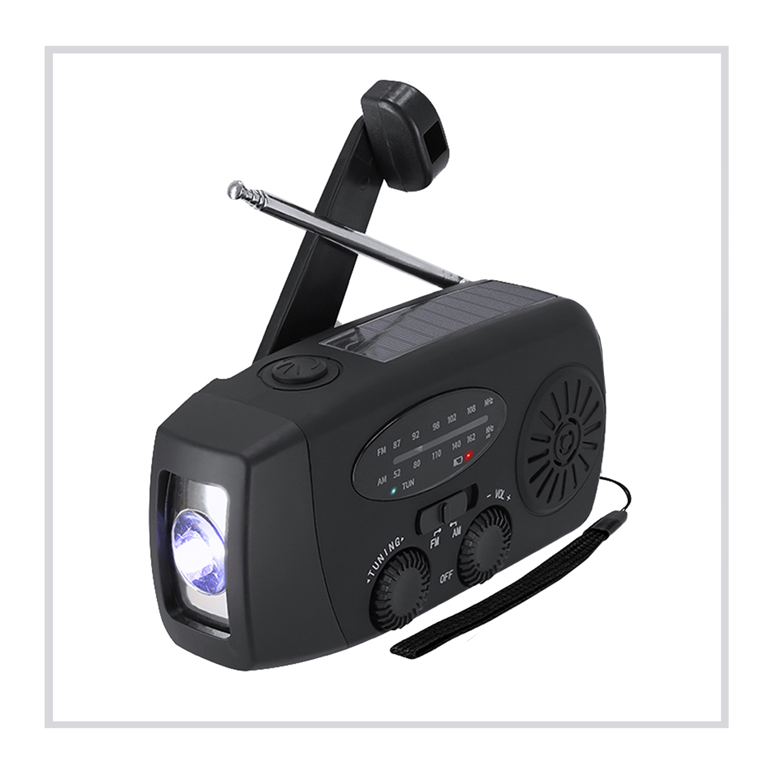 RegalosVip.es - Radio de banda dual: FM / AM - Linterna LED, con modo SOS - Panel de Carga Solar - Carga Manual con sistema dinamo ajustable de 360° - Batería recargable de 2000 mAh - Antena plegable de alta sensibilidad - Entrada Tipo C y salida USB