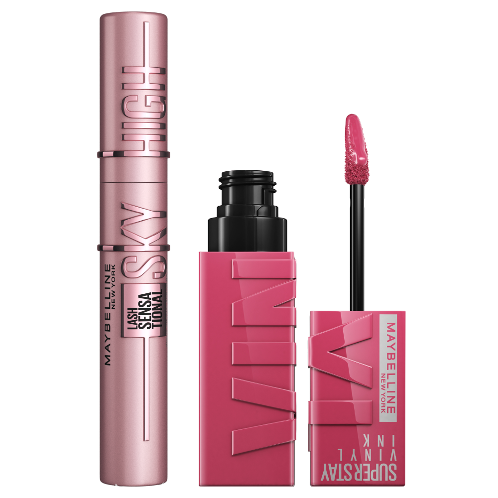 Maybelline New York | Kit rutina de maquillaje con la máscara de pestañas Sky High Tono Negro y el pintalabios Superstay Vinyl Ink efecto vinilo fijo, en Tono 35 Cheeky