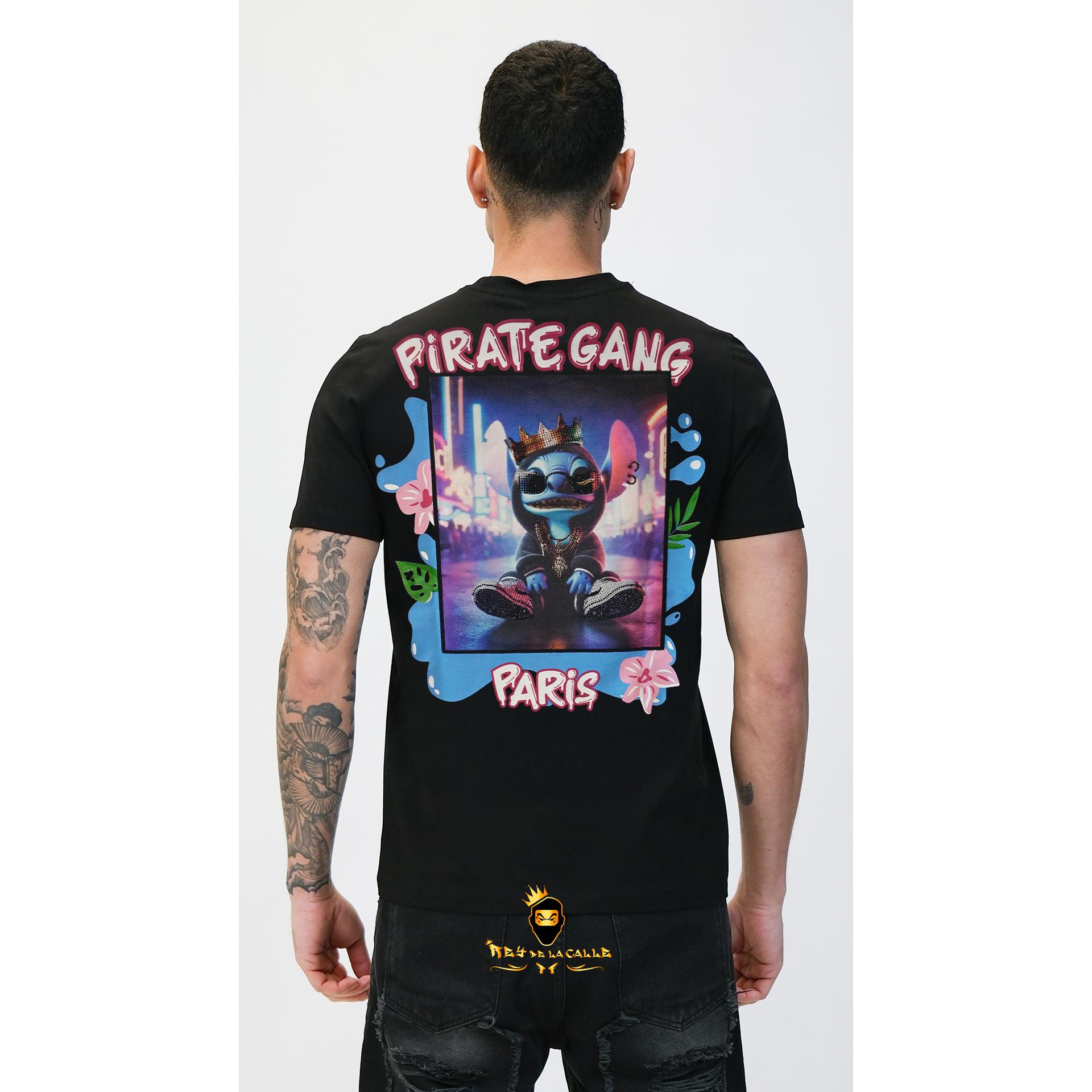 Camiseta Pirate Gang París Negra Terciopelo y Pedrería Brillante Stitch