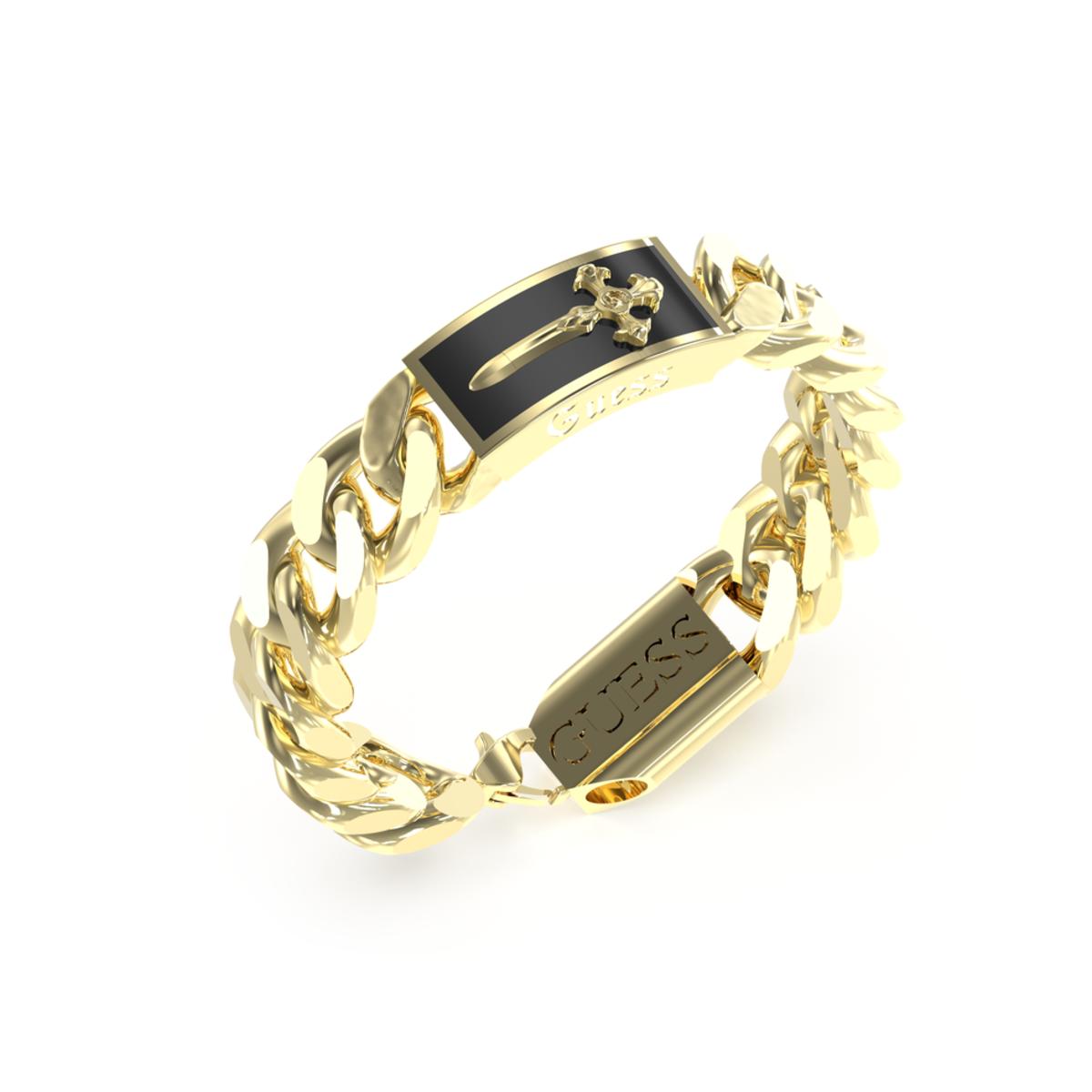 Guess - Pulsera hombre SOUTH ALAMEDA JUMB04022JWYGBKS de acero dorado con cadena barbada y placa central negra en relieve, ideal para estilo audaz y moderno