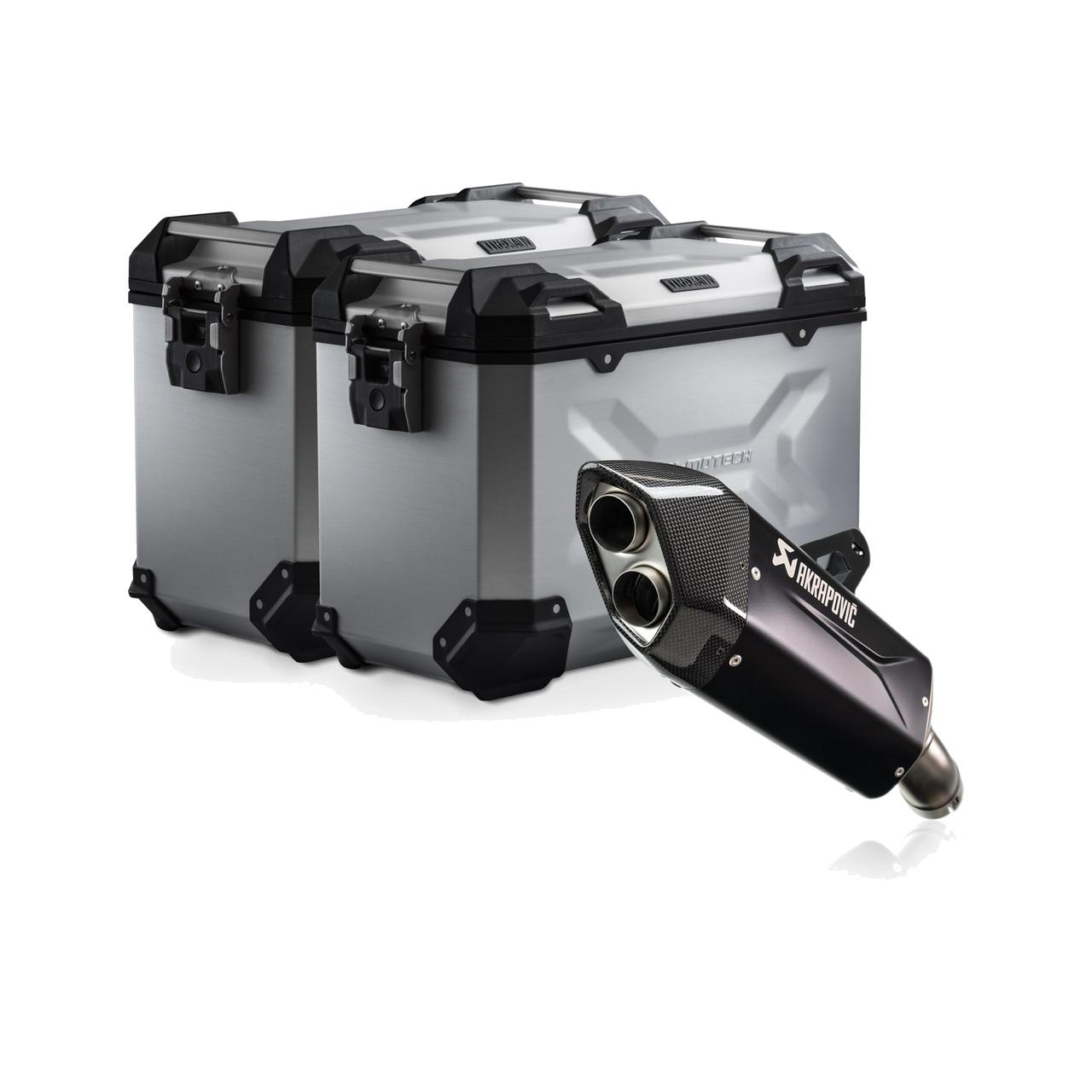 TRAX ADV Aluminum Luggage System with Slip-On Exhaust for R 1300 GS - 45L Side Cases with Quick Release, Waterproof and Durable Design by SW-MOTECH for Motorcycle Adventure Trips.