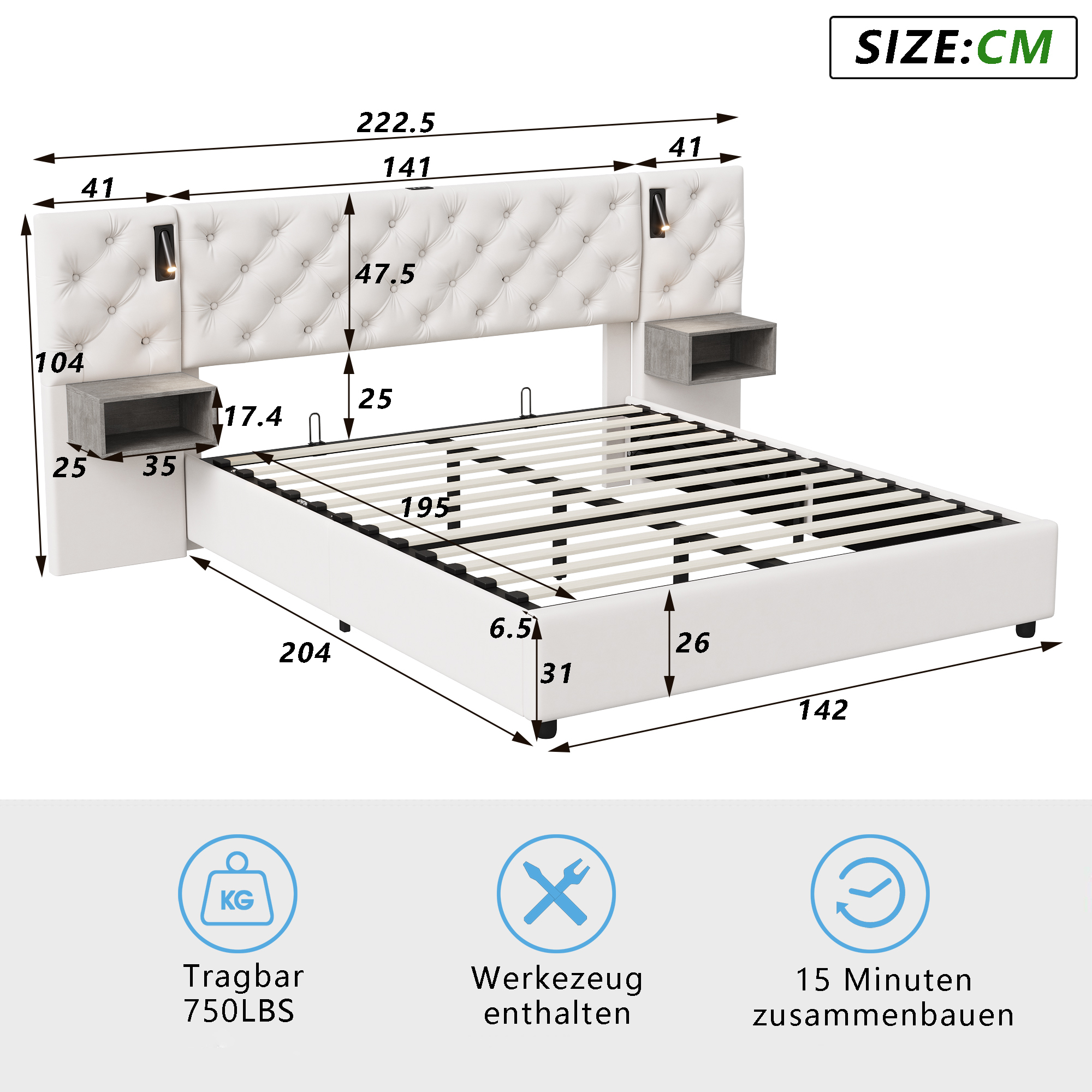 Superaly 140x200cm White Velvet Upholstered Bed Frame with Storage Drawers, with Reading Lights and USB Charging Port, Bed Box, Bed Frame with with Slatted Frame (Mattress Not Included)