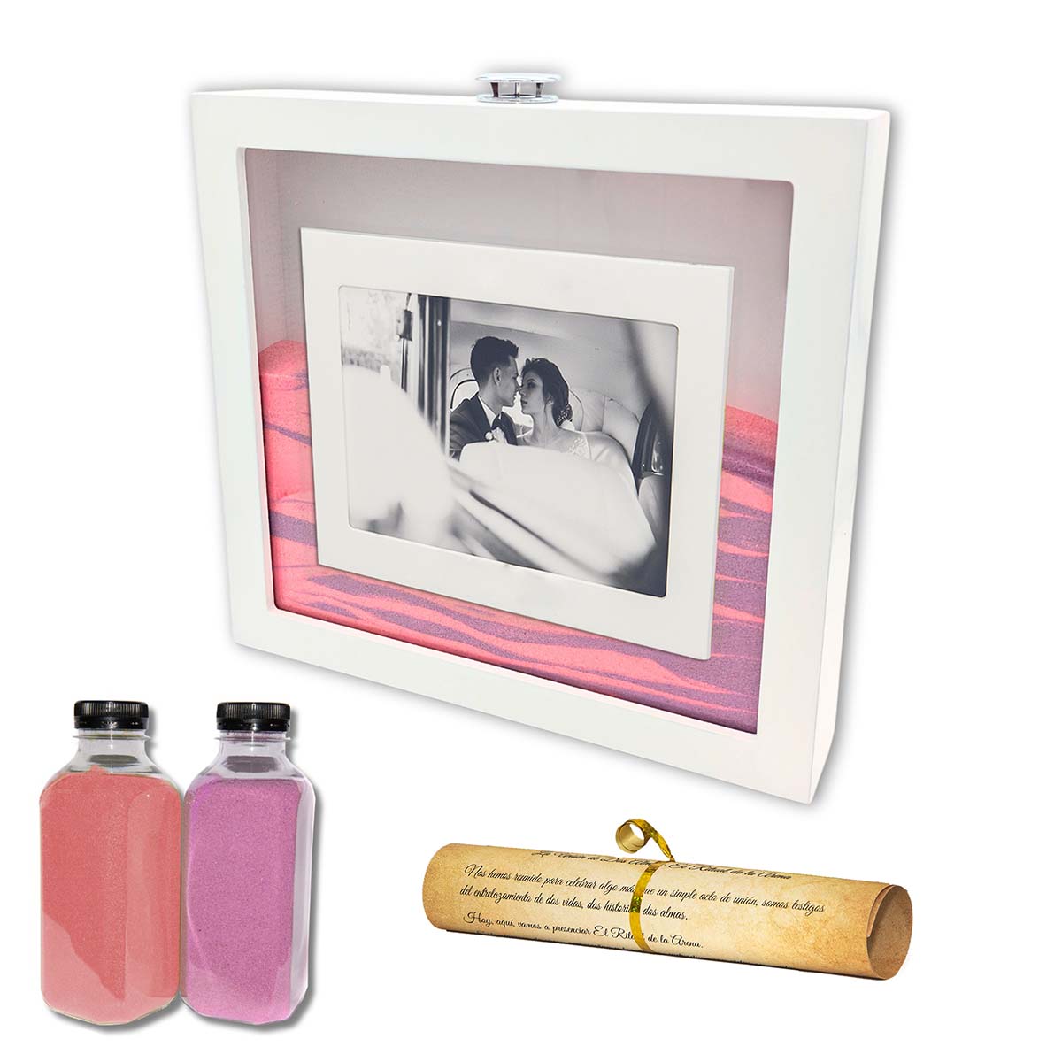 NIRALIS Ritual de la arena Blanco con arena Morado y Rosa · Marco para ceremonia de la arena en bodas – Kit completo con marco blanco, 2 colores de arena y pergamino incluido para un recuerdo eterno.