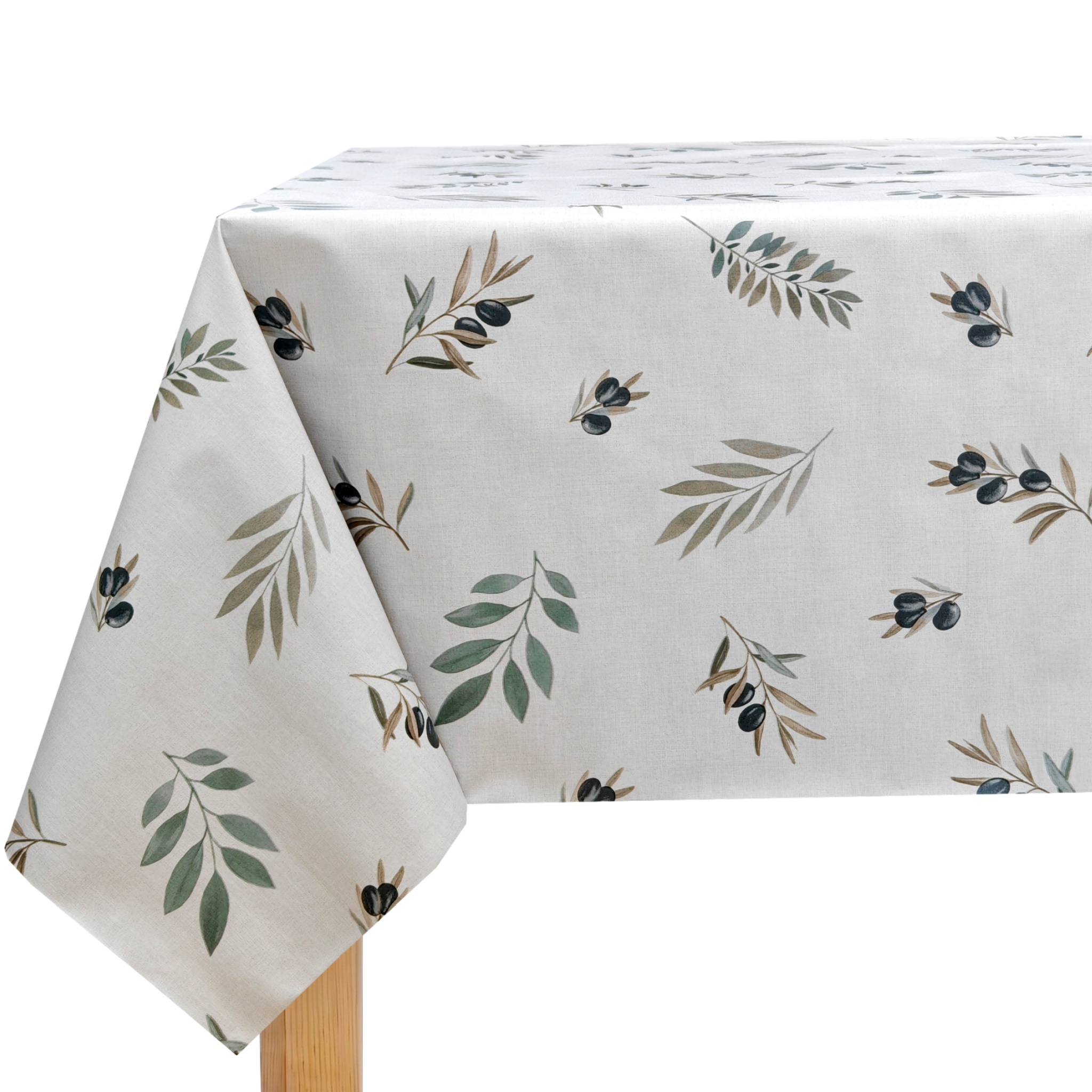 Mantel de PVC Antimanchas e Impermeable, Diseño de Ramas de Olivo sobre Fondo Blanco Efecto Lino, Estilo Mediterráneo, para Cocina y Comedor