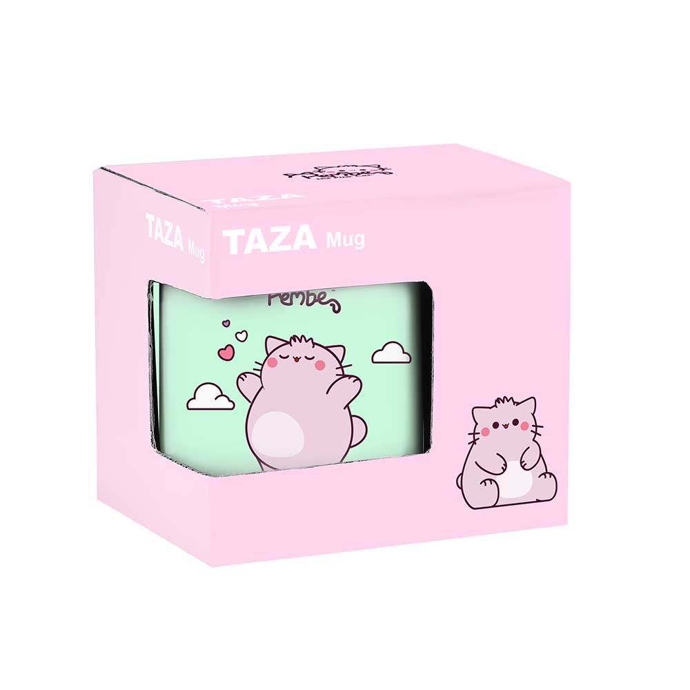 SAFTA | Taza Grande Pembe The Pink Cat, Cerámica 350 ml con Asa, Mug Infantil/Juvenil para Desayuno y Merienda, Diseño Gatito Rosa sobre Fondo Verde Menta, Presentación en Caja de Cartón
