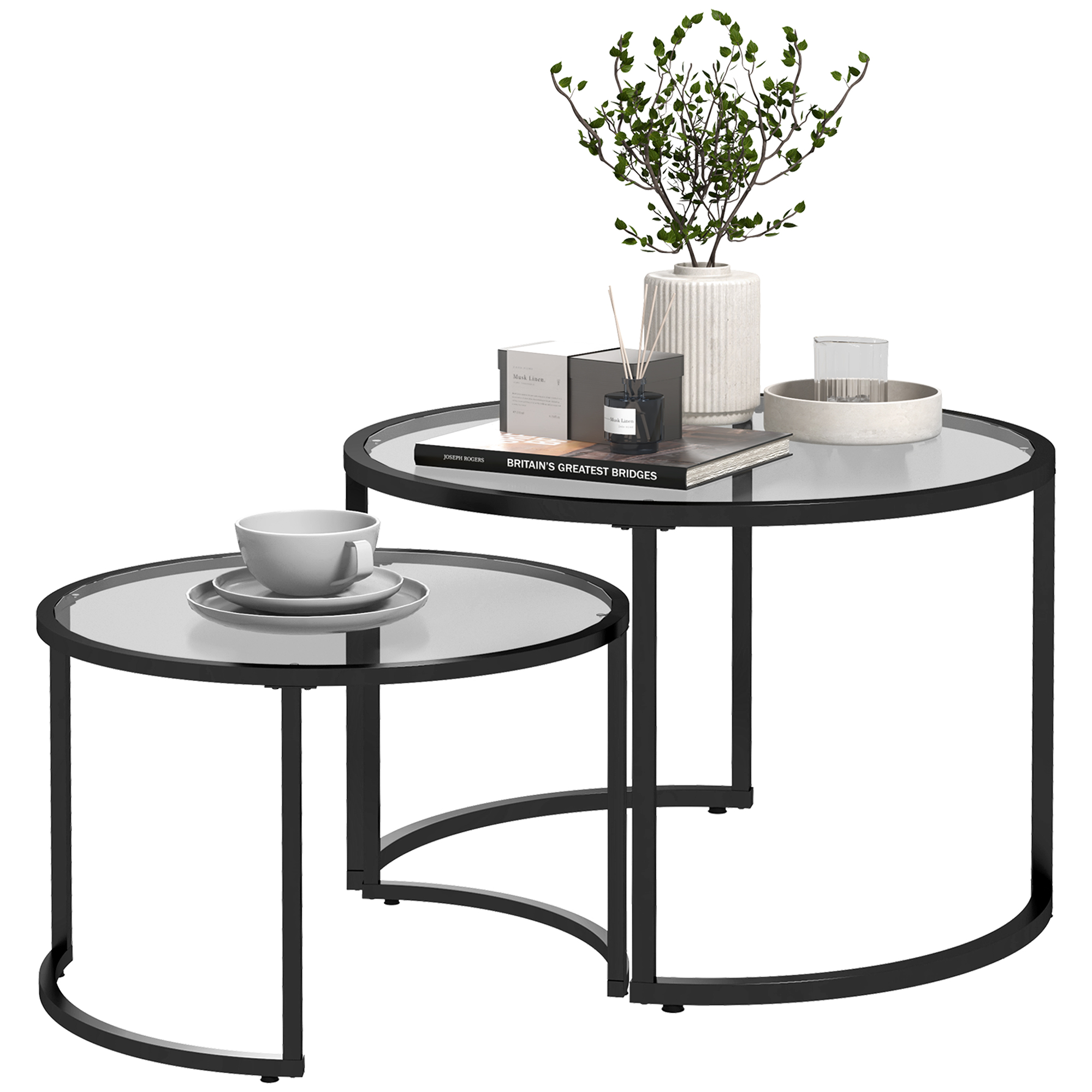 HOMCOM Juego de 2 Mesas Nido, Mesas de Centro para Salón Redondas, Tablero de Vidrio Templado y Marco de Acero, para Dormitorio y Oficina, Grande 70 cm, Pequeña 54 cm, Negro y Transparente