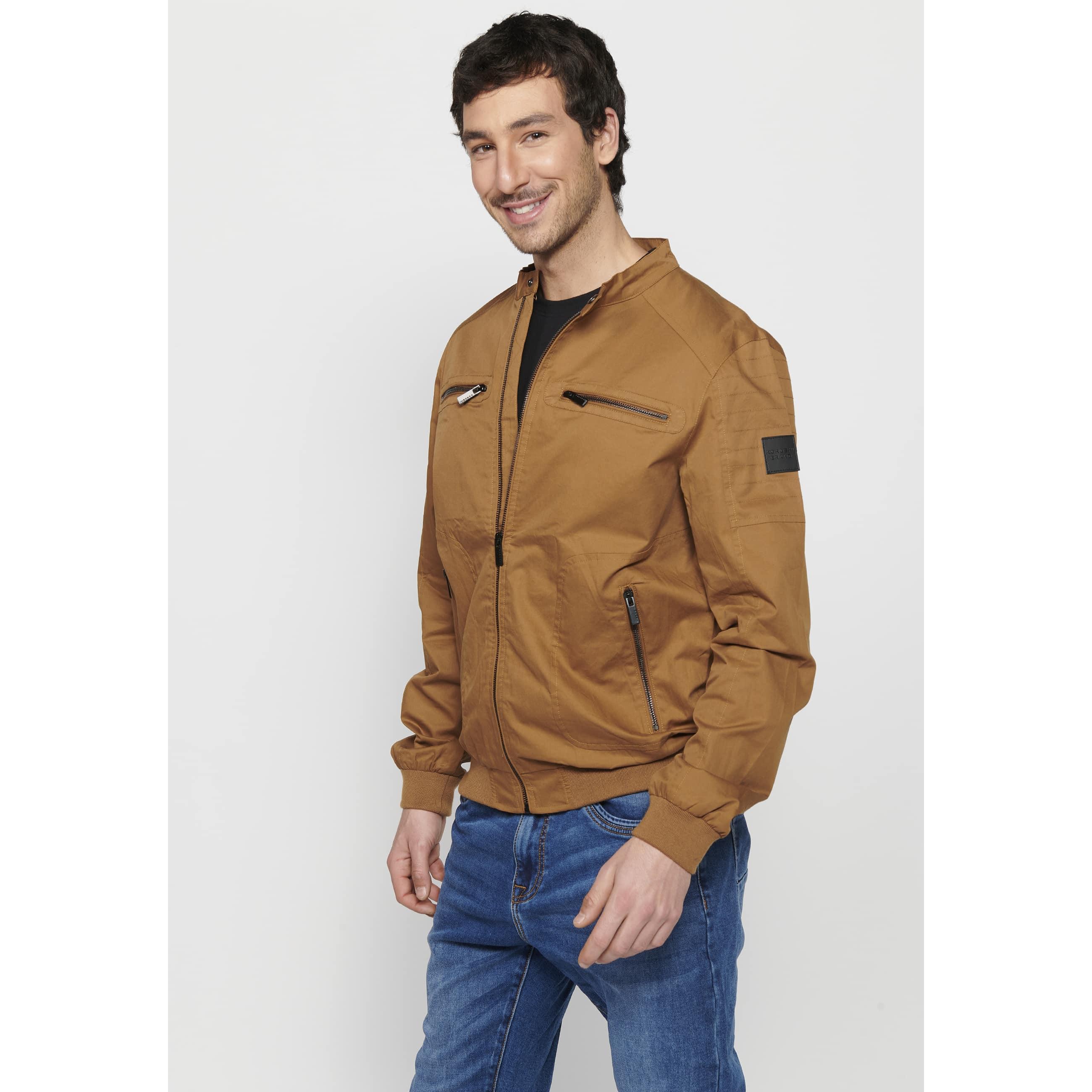Koroshi - Cazadora bomber hombre tostada de algodón 100% con cuello alto tipo biker y cremallera central para entretiempo