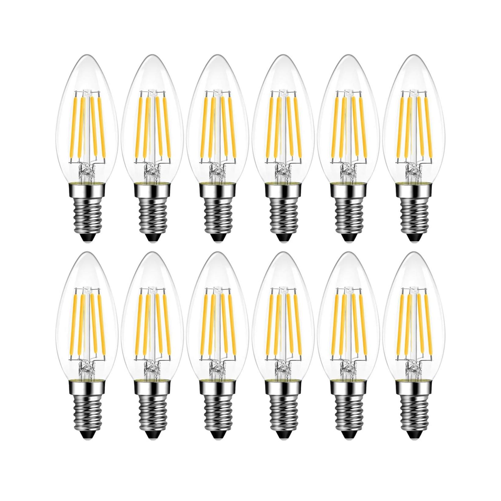 ORION91® - Pack de 12 - Bombilla LED vela de filamento C35 E14, 6 W equivalente a 40 W, 470 lm, sin parpadeo, Luz Blanco Cálido - spaziOrion91