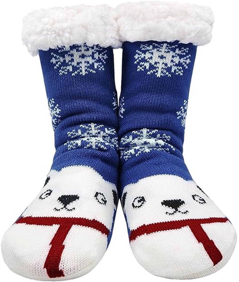 thermische sokken,Sokken, warme winterslippers en sokken voor dames, antislip pantoffels en sokken voor thuis, dierenprint, 1 paar, blauwe berensjaal.