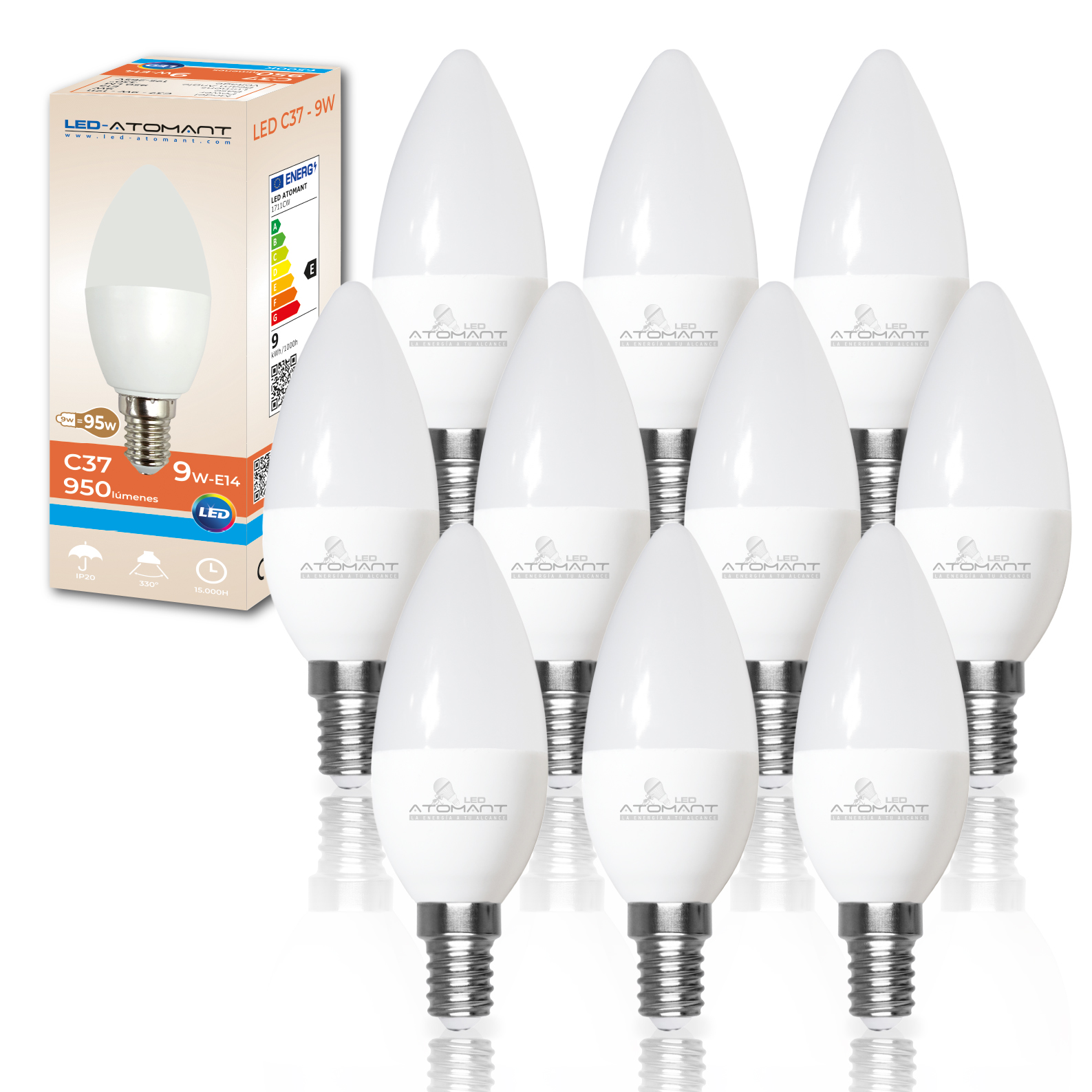 LED ATOMANT Bombilla LED E14 Vela C37 9W, 950 Lumenes, Casquillo fino, Equivalente a 95W tradicional, Bajo consumo