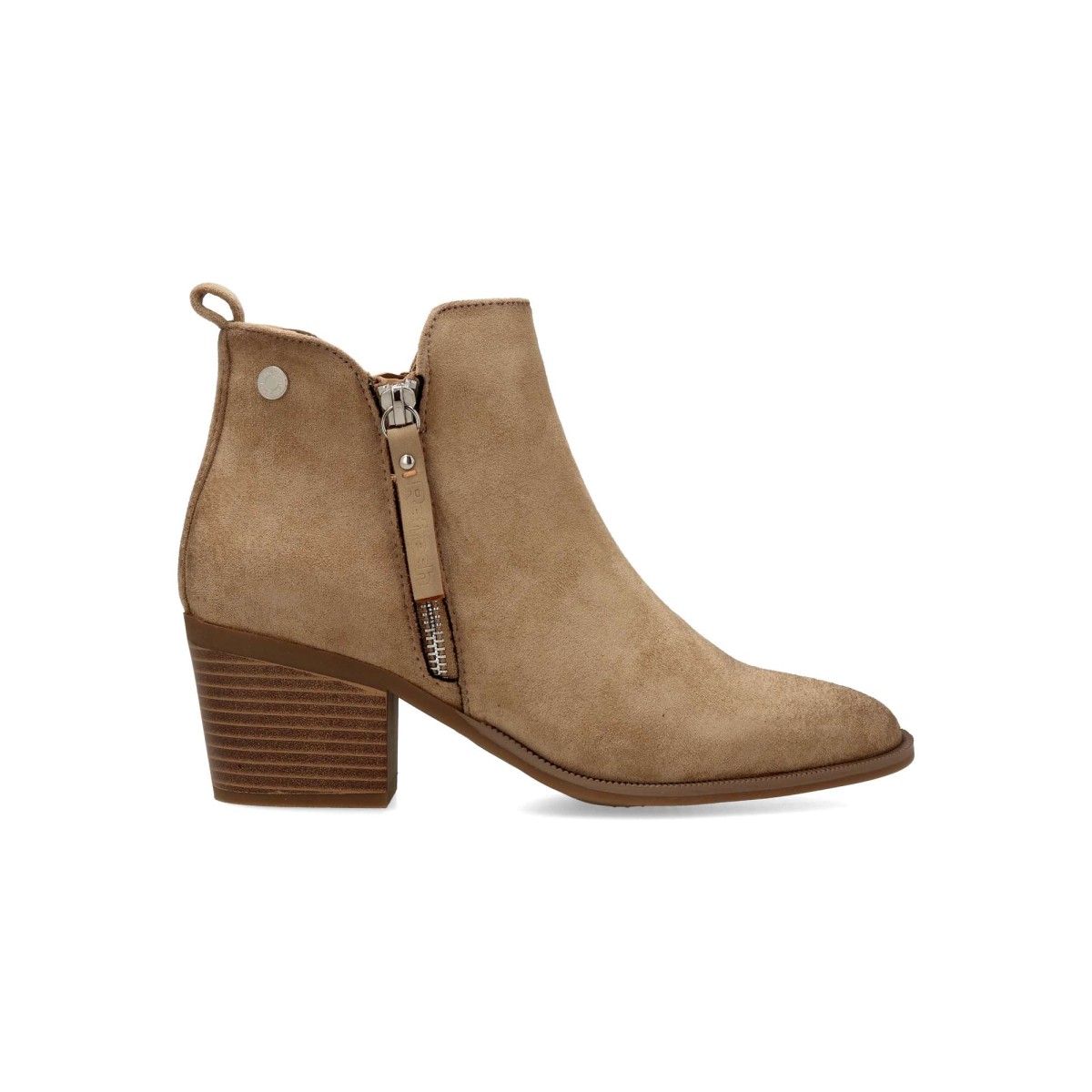 Refresh - Botines cowboy mujer de antelina suave con tacón ancho 5,5 cm y cremalleras laterales funcionales color beige
