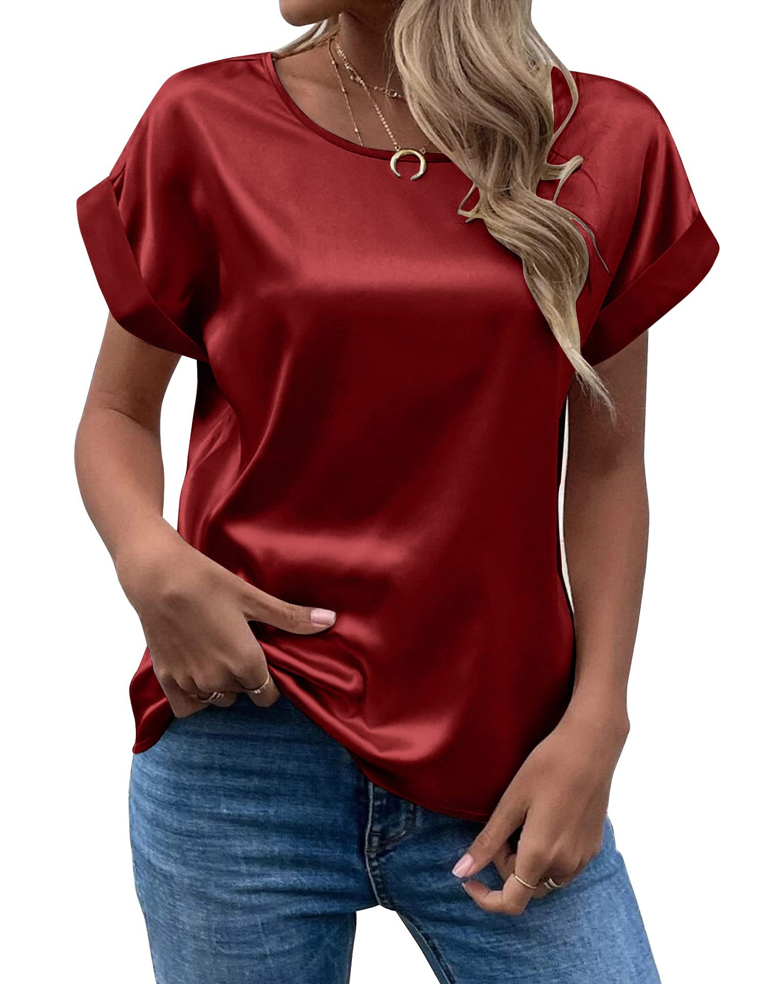 TK Camiseta De Seda Para Mujer Con Manga Corta Estilo Casual Cuello Redondo Colores Variados Talla Grande Primavera Verano