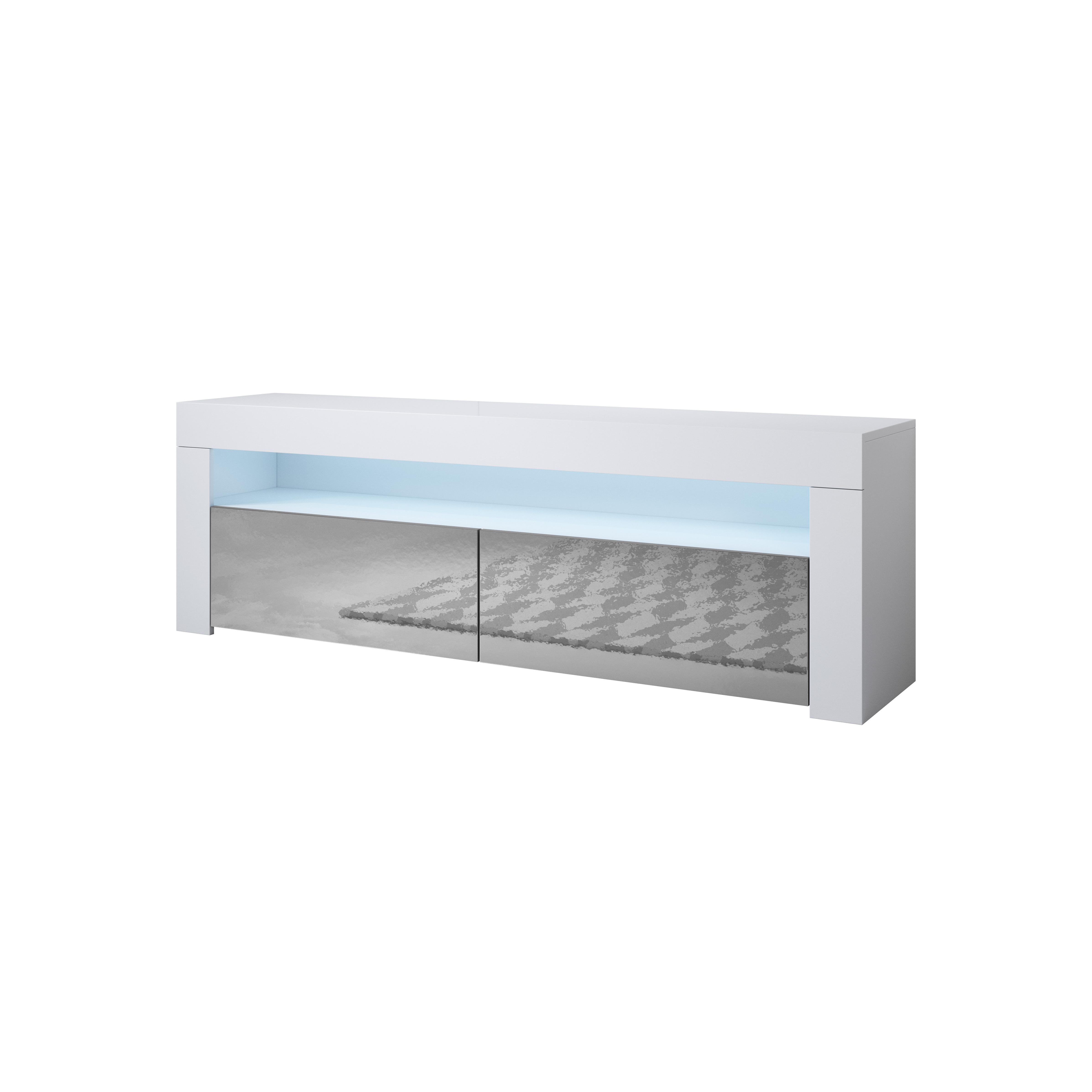 MB Muebles Bonitos - Mueble TV moderno Aker de melamina con iluminación LED azul para salón, ancho 140 cm, 2 puertas abatibles y compartimento iluminado