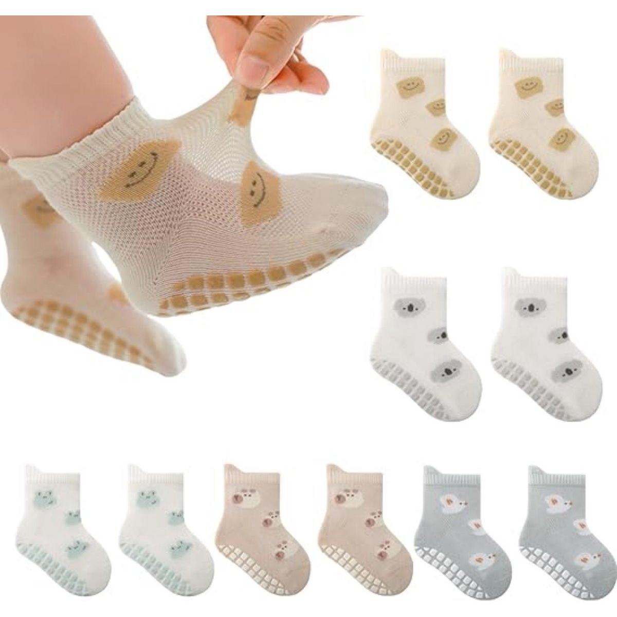 Om Home Calcetines antideslizantes para bebés y niños pequeños - 5 pares - Talla S - Calcetines de entrenamiento - Estampados de animales - Calcetines de suelo para bebés - Calcetines de interior para niños pequeños - Otoño e invierno - Calcetines transpi