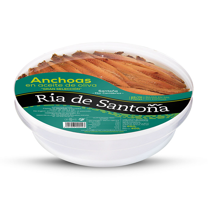 Anchoas del Cantábrico Ria Santoña 65-70 filetes de la Ría de Santoña en Aceite de Oliva: Auténtica Delicia del Mar Cantábrico, Bajas en Sal y Sin Espinas, Peso Escurrido 400 gr