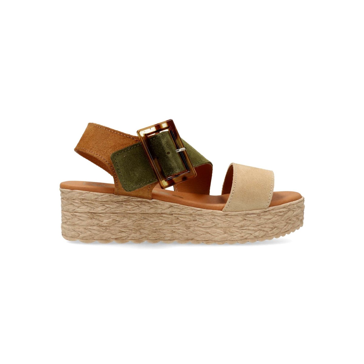 Vanessa Calzados - Sandalias de cuña mujer VANESSA en piel serraje con hebilla, planta de piel acolchada gel y suela de goma, 4,5 cm plataforma yute, color cuero-kaki-beige