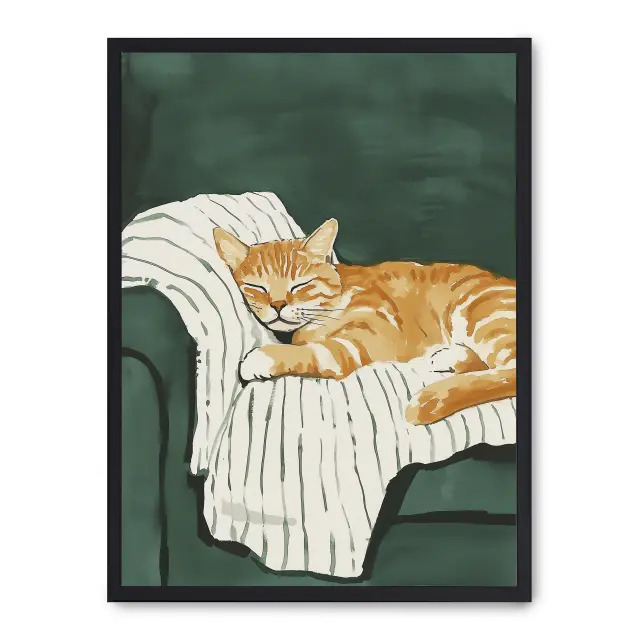 Lámina con marco negro SLEEPING CAT 21x30 cm, Póster impreso en papel de primera calidad de 180gr, montado sobre marco de madera MDF acabado en negro., Arte - Pinturas