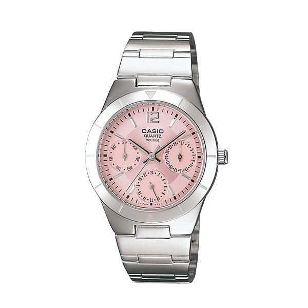 Reloj Casio de Mujer en Acero Inoxidable Multifunción con Esfera Rosa – Elegante y Moderno Ref. LTP-2069D-4AVEG