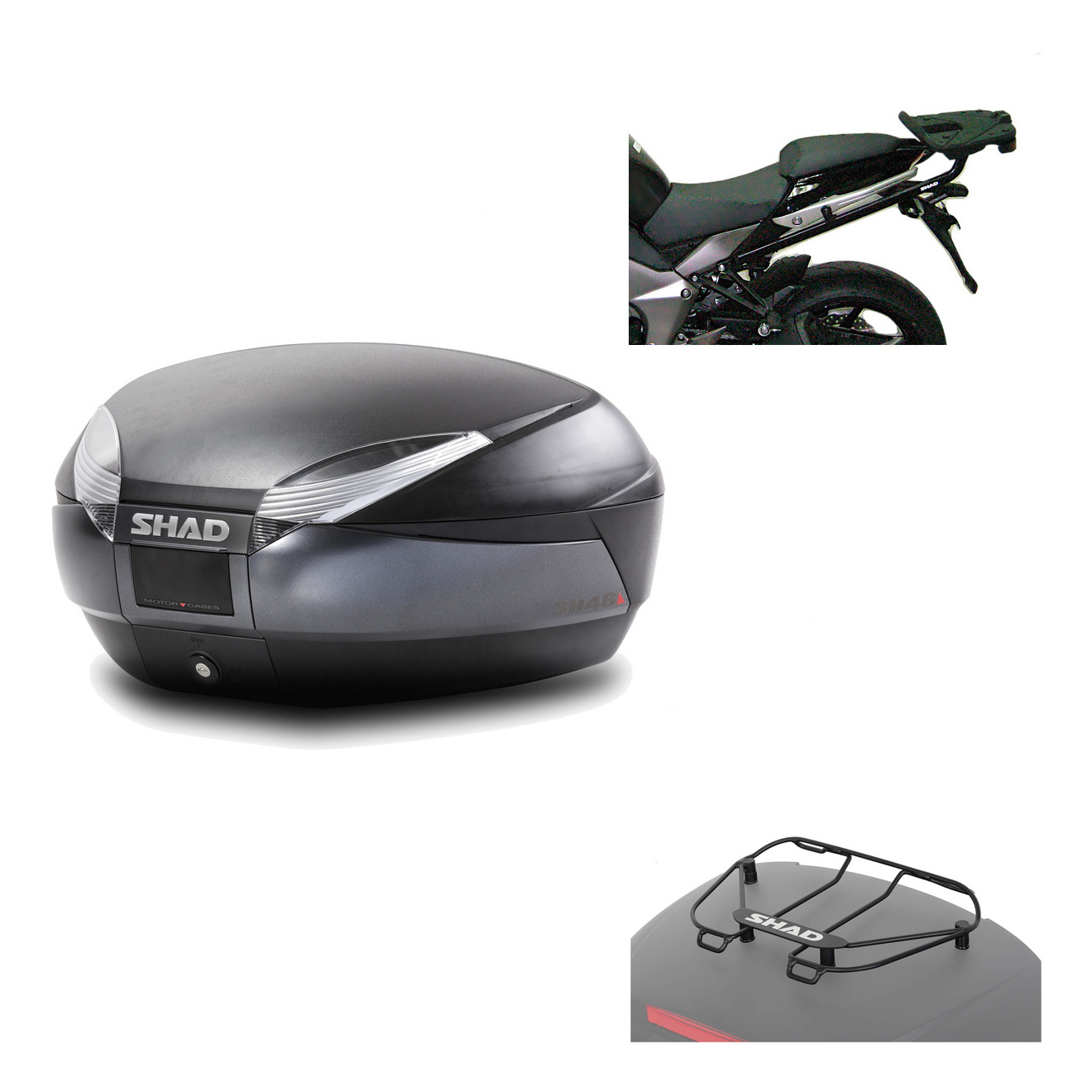 Baul Trasero + Herraje Montaje + Parrilla Portabultos Sh48 Dark Grey Premium KIT-189638