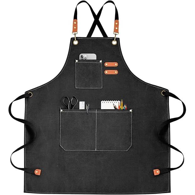 Delantal de chef para hombres y mujeres, delantales de lona con 3 bolsillos traseros cruzados, delantal de trabajo resistente para cocinar