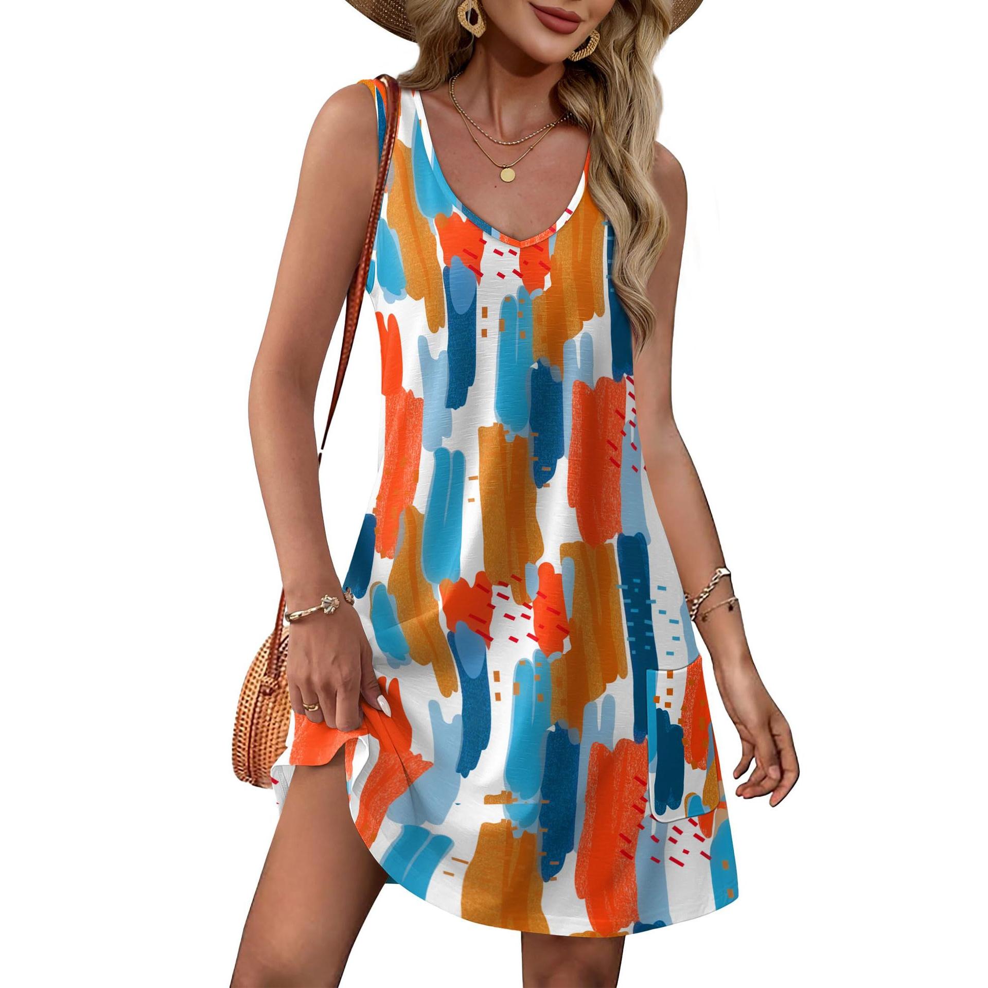 OmHO Vestido Mujer Verano Sin Mangas Vestidos de Playa Cuello en V Elegante Estampada Tanque Mini Casual Camisola con Bolsos
