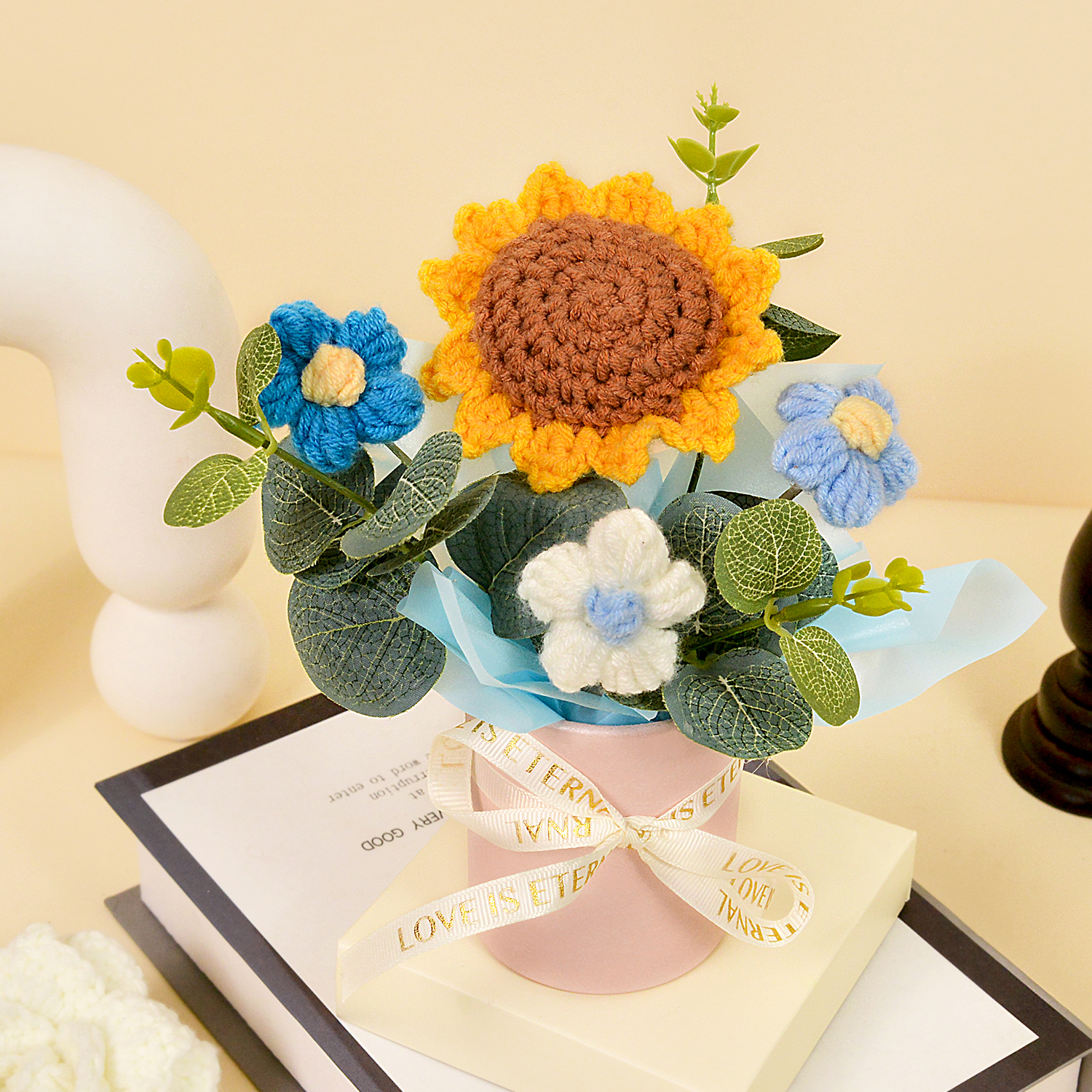 TK 1PC Bouquet De Flores De Crochet Hechas a Mano Rosa Y Girasol - Decoración Para El Hogar Y Regalo Para Mujer Esposa Madre