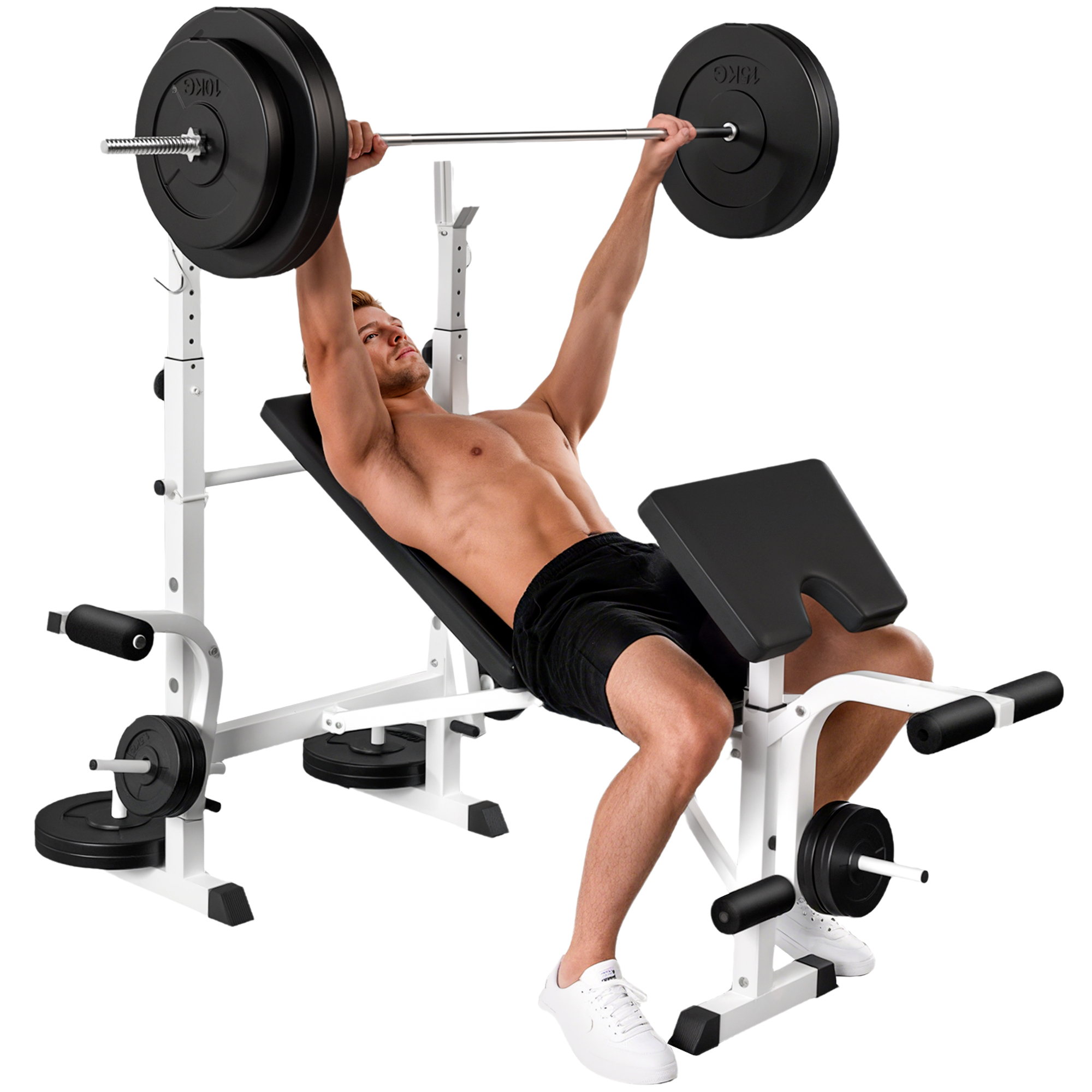 HOMCOM Banco de Musculación Multifuncional Inclinable, Banco de Pesas, Press Banca con Soporte para Barra Ajustable, Extensión de Piernas, Curl de Predicador, Mariposa, Entrenamiento en Casa, Gimnasio