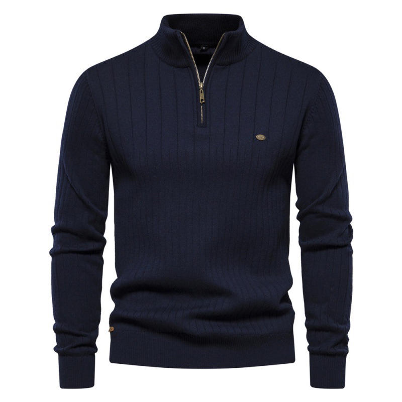 TK Suéter de algodón para hombre con cuello alto, jersey informal de media cremallera de color liso, prenda de punto para hombre