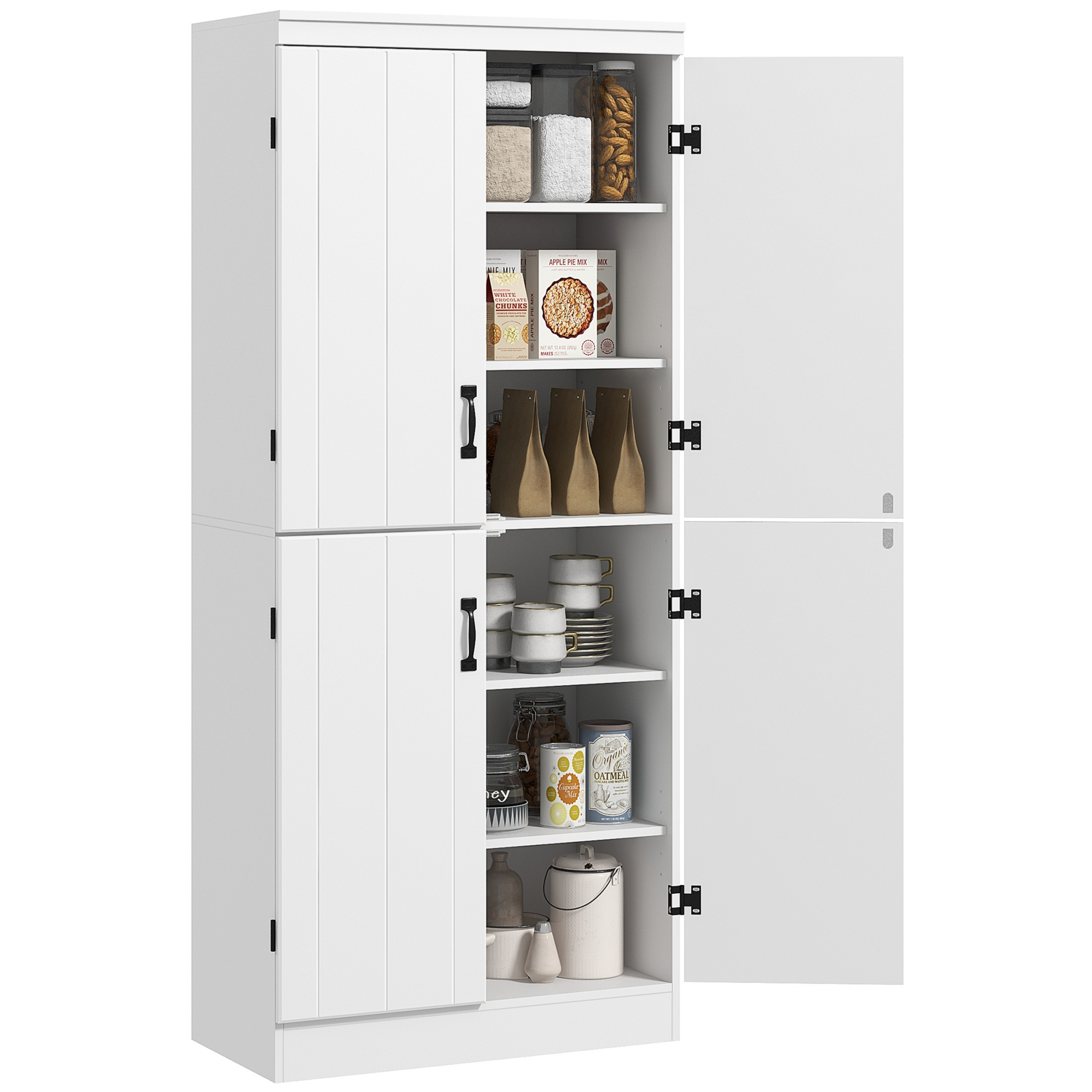 HOMCOM Alacena de Cocina Aparador de Comedor Mueble Auxiliar de Cocina con 4 Puertas 6 Estantes de Almacenaje para Salón Estilo Moderno 76x40x176,7 cm Blanco