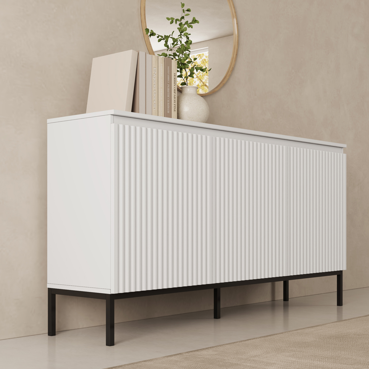MB Muebles Bonitos - Aparador de diseño acanalado en PVC Sonoma con patas de metal negro, 3 compartimentos y baldas para salón, recibidor o comedor - LOGAN