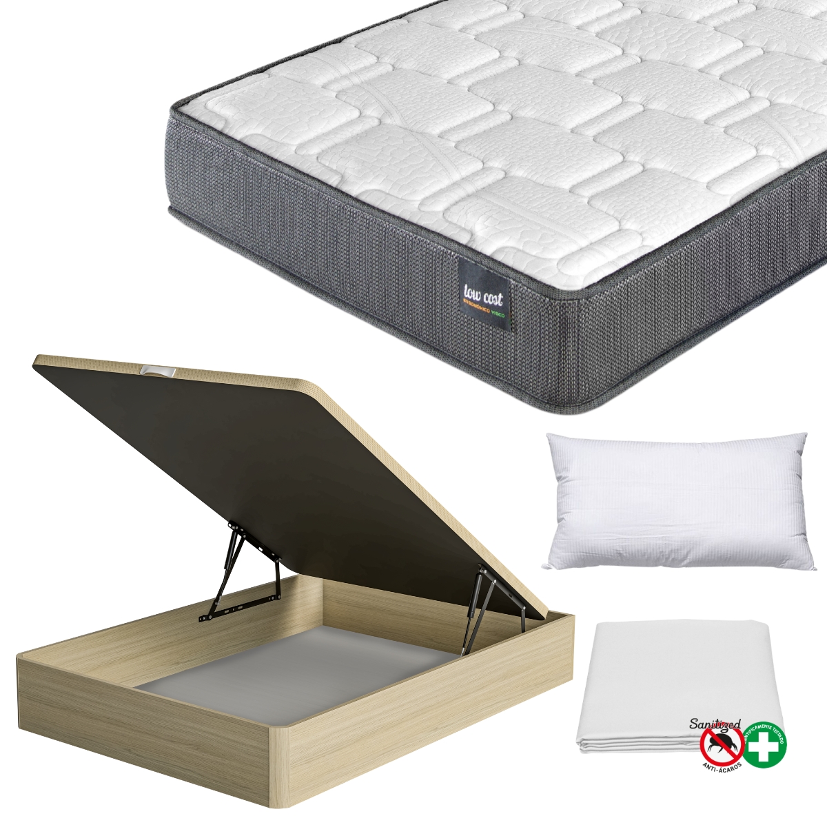 FACTORY COLCHÓN - Pack Colchón Viscoelástico LowCost + Canapé De Madera Hard + Almohada + Funda De Colchón