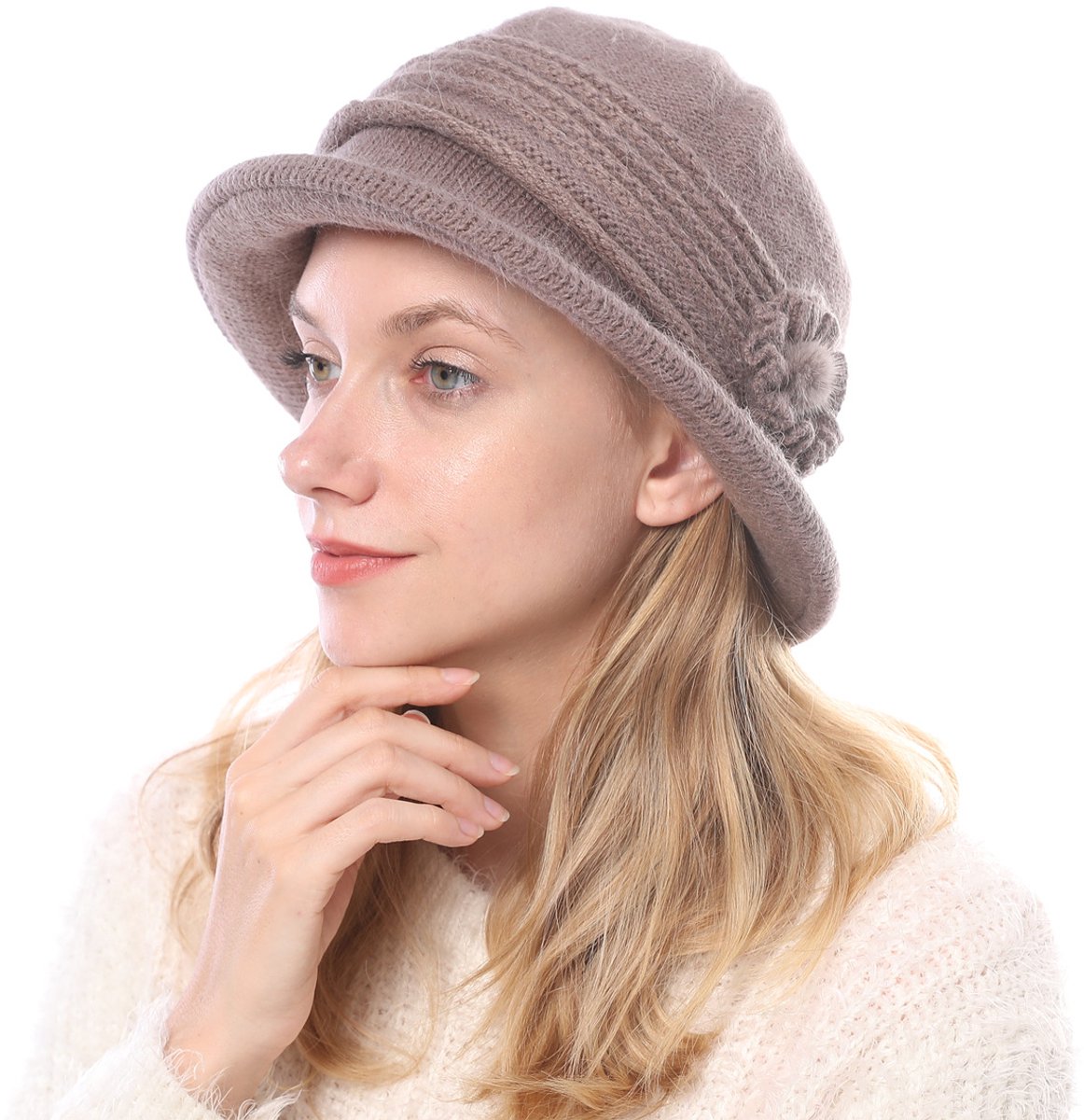 Dames winter warm gebreide muts Elegante zachte bolhoed Vintage dameshoed met bloem Winter klassieke hoed Slouch gebreide mutsen Dames muts, Kaki