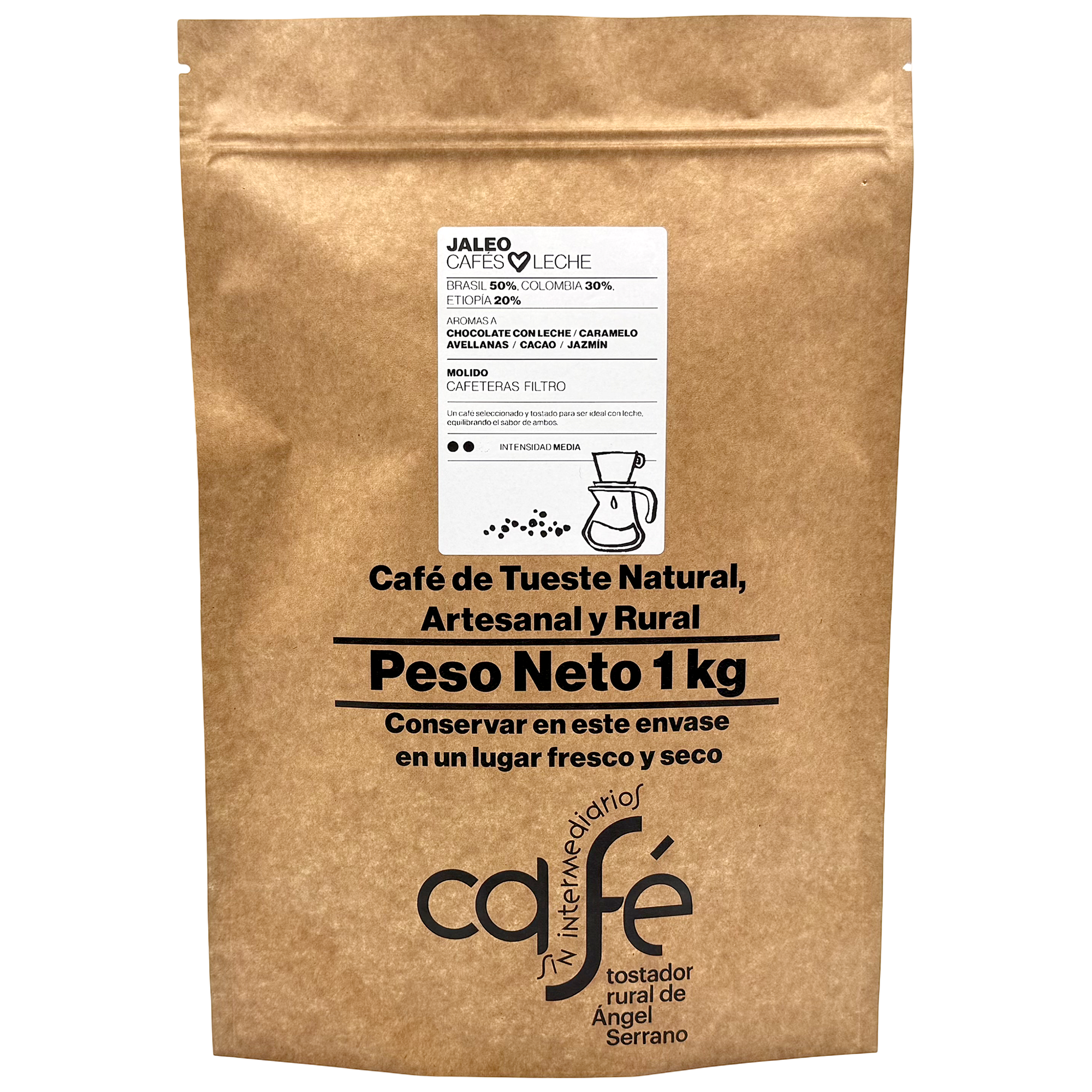 CAFÉ SIN INTERMEDIARIOS - Café de Brasil, Colombia y Etiopía - Jaleo - Ideal para combinar con leche - Intensidad de sabor Media - Recién tostado y envasado - 1 Kg Grano o Molido (Exprés, Filtro, Italiana, Americana, Superautomática)