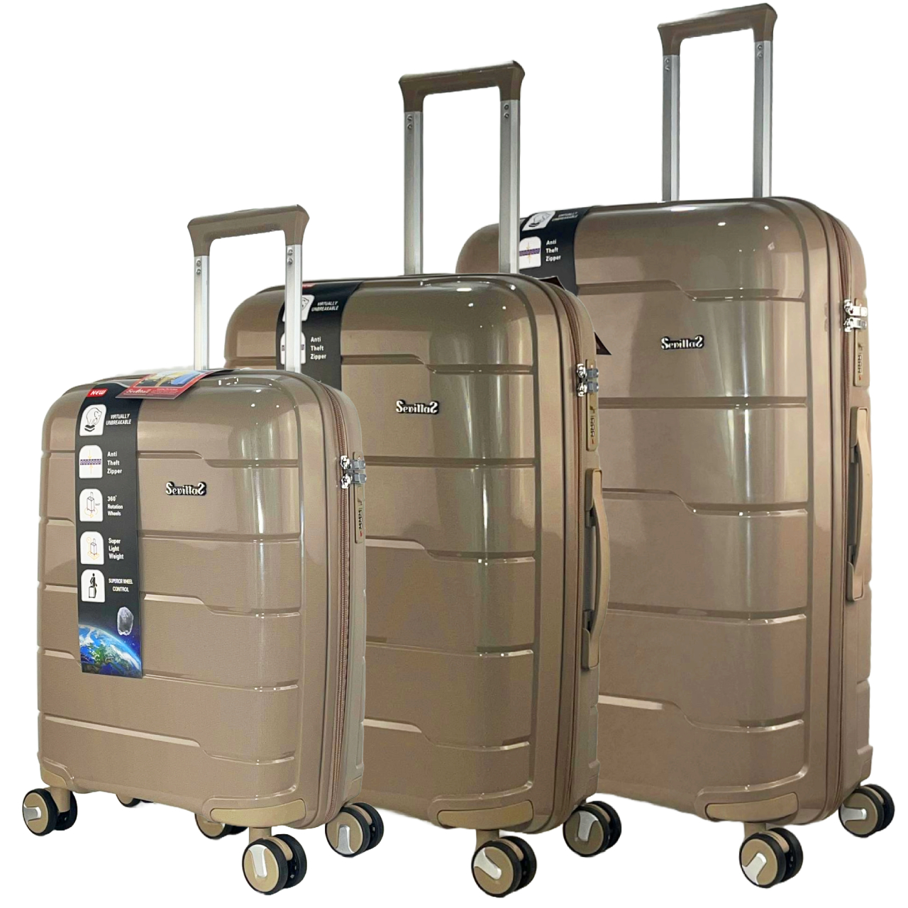 Conjunto de Maletas de Viaje SEVILLAS: Carcasa polipropileno, Cerradura TSA, 8 Ruedas Giratorias 360°, Asa Telescópica