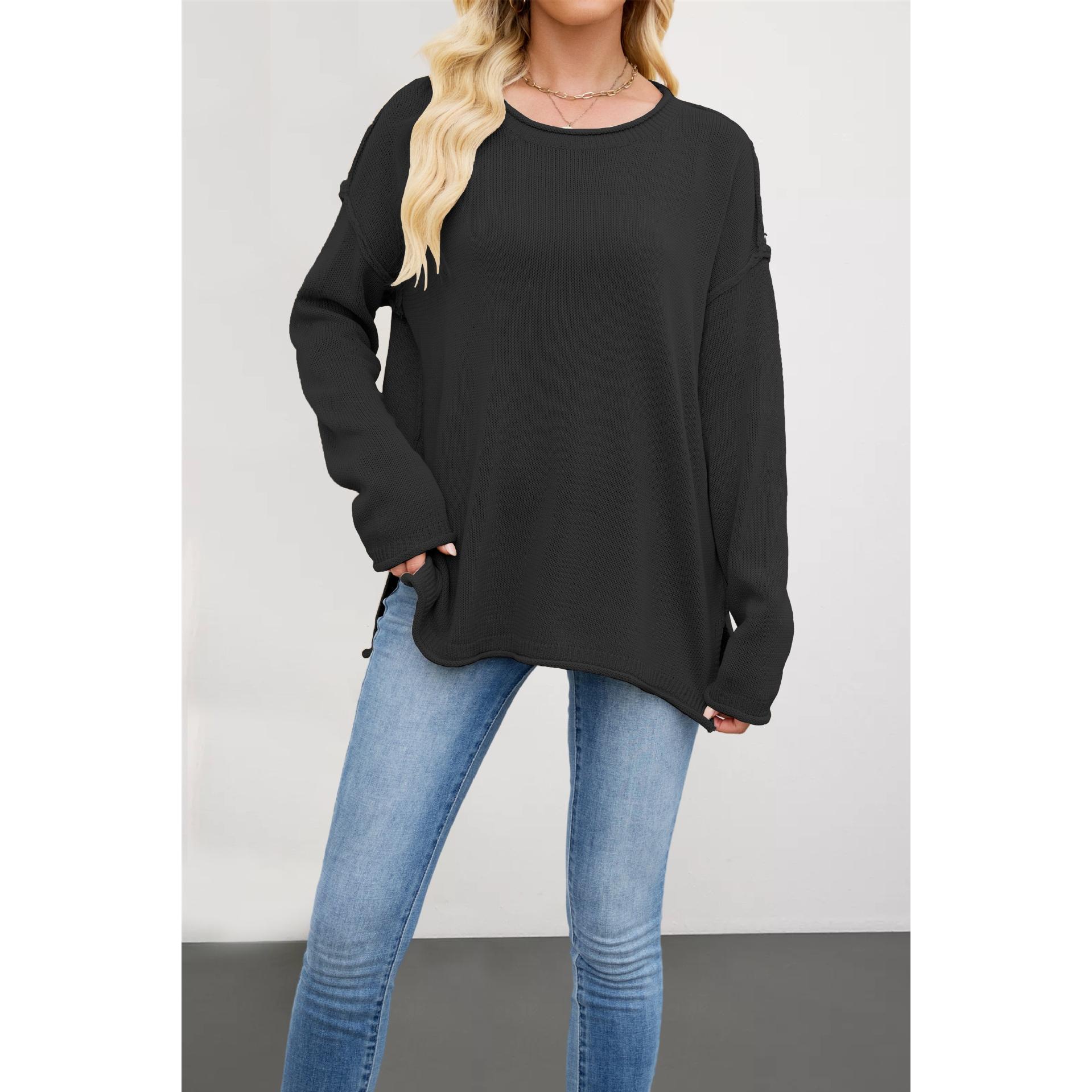 TK Suéter básico holgado y versátil de cuello redondo de punto de color liso para mujer, otoño/invierno