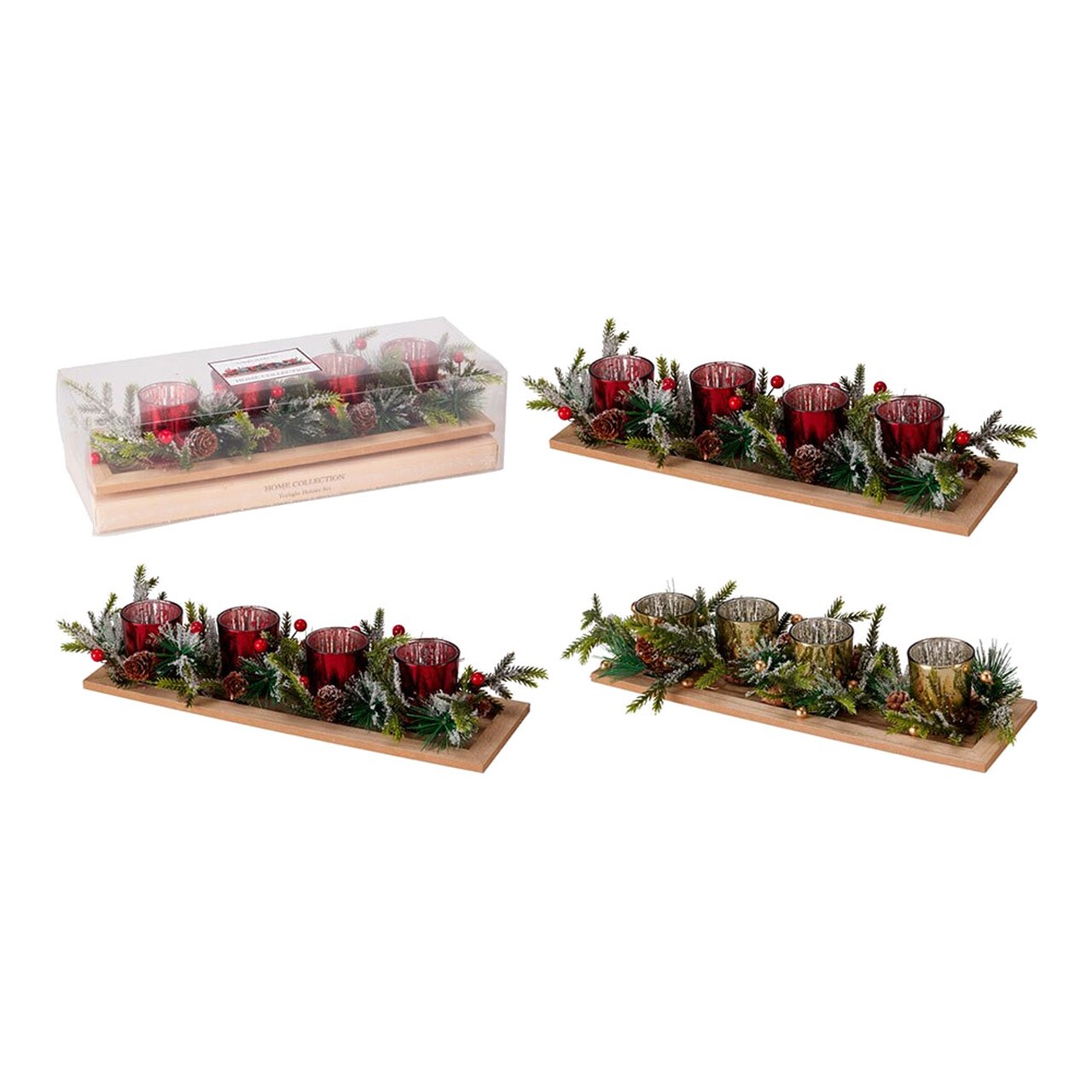 Centro Navideño Con Base De Madera Y 4 Portavelas De Cristal 12 X 38 Cm 72871
