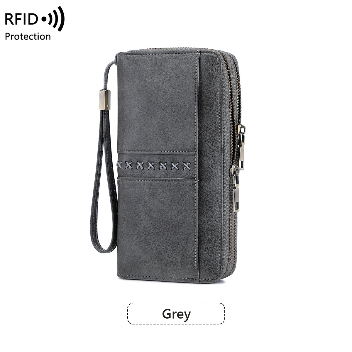 Cartera de mujer, protección (RFID), diseño de doble cremallera, ranuras para tarjetas de gran capacidad, con correa para la muñeca