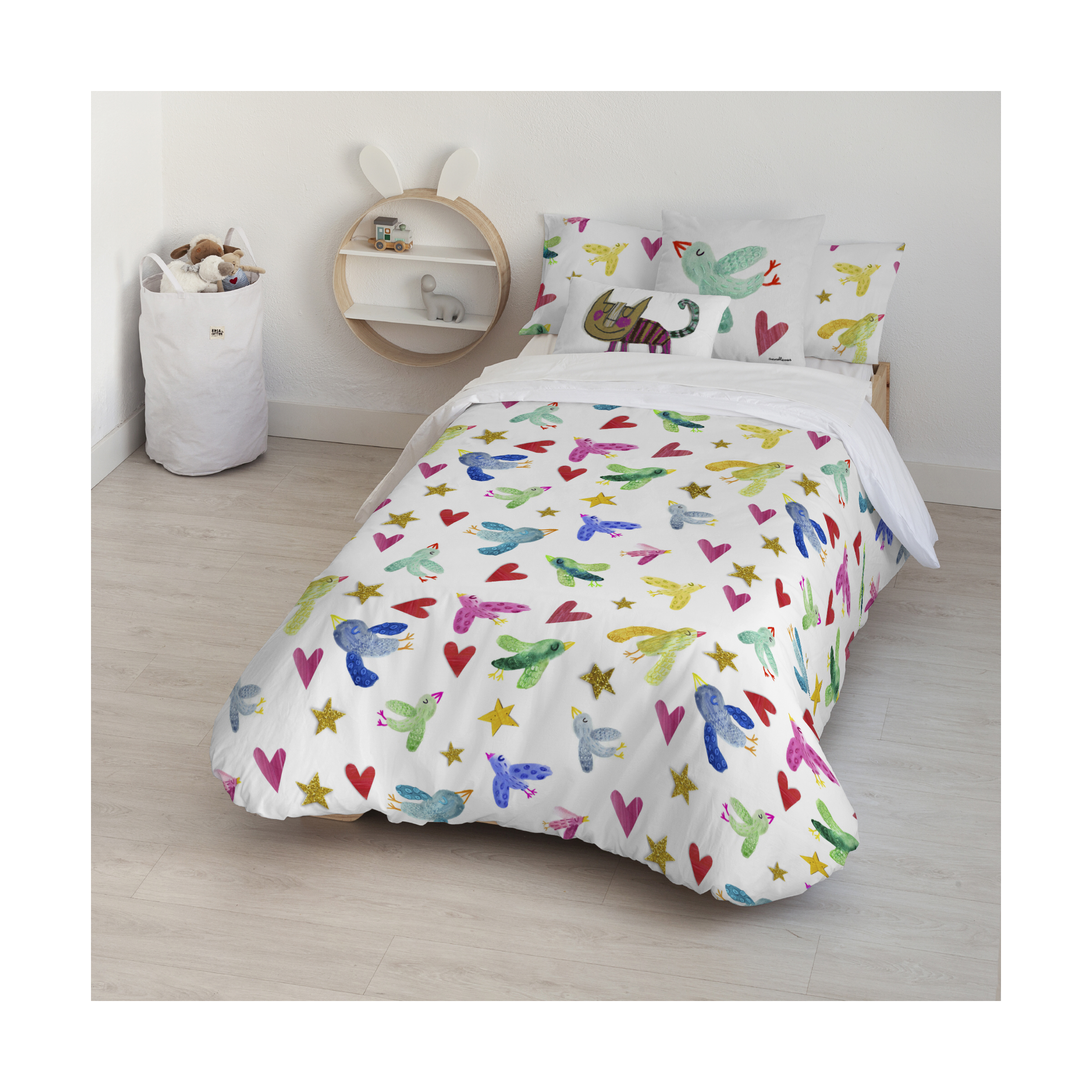 BL Belum Funda Nórdica 100% Algodón Orgánico con Cuello de Botella y Funda de Almohada Ocells Anna Llenas