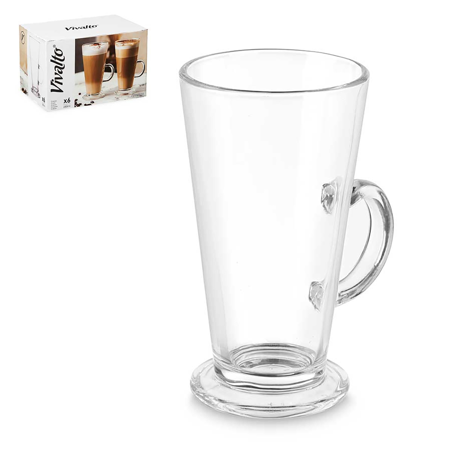 Dam Pack 6 Tazas Vidrio Cafe Latte 280ml 10x8x14,3 Cm. Color: Transparente