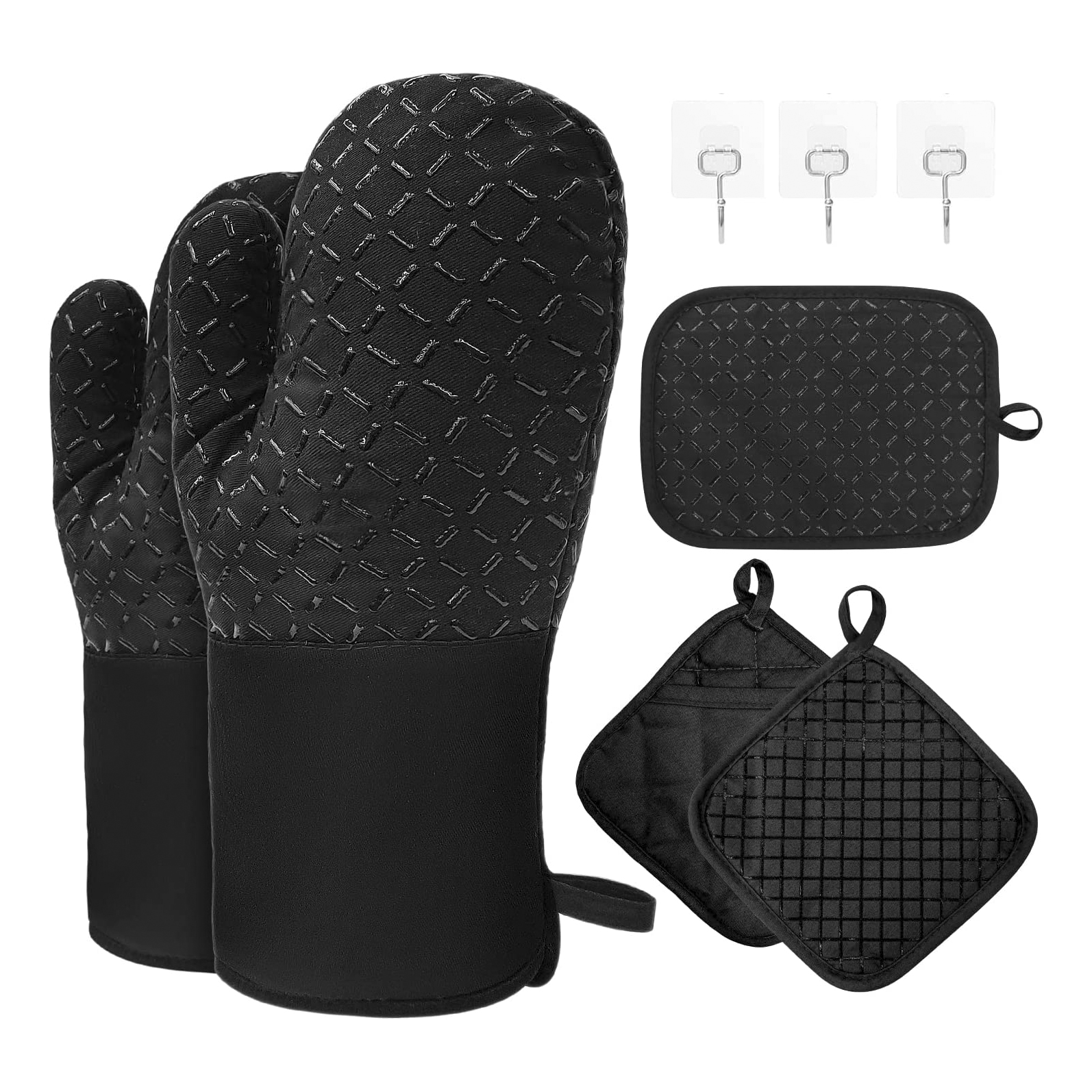 Juego de Manoplas y agarraderas para Horno, Guantes para Horno de algodón Resistentes al Calor de 300 ℃, Guantes Largos con Silicona Antideslizante, Guantes de Cocina para Cocina, Hornear, Cacerola