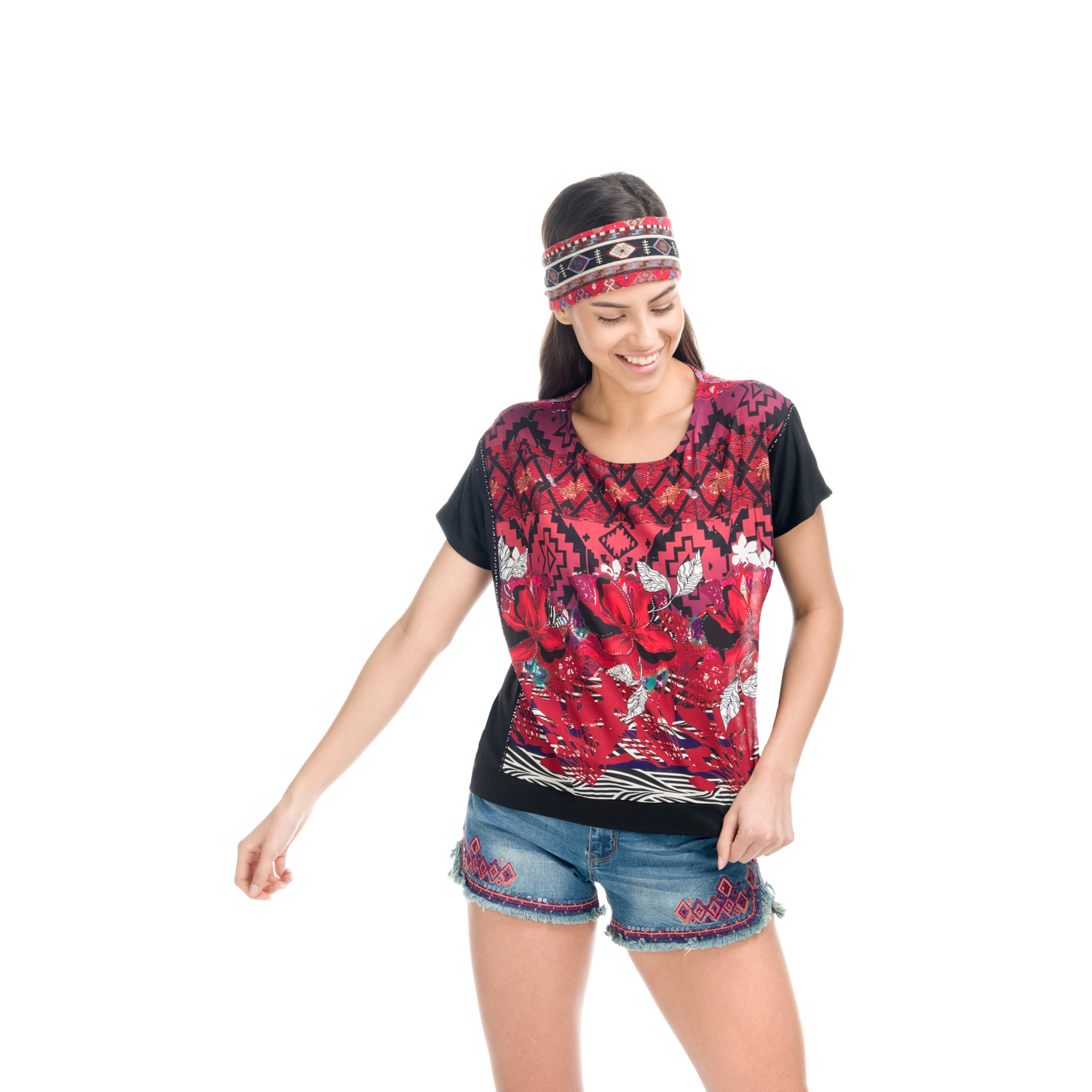 Koroshi - Top manga corta oversize para mujer con estampado étnico en delantero, detalles tipo cristal y espalda lisa, 100% poliéster negro y verde