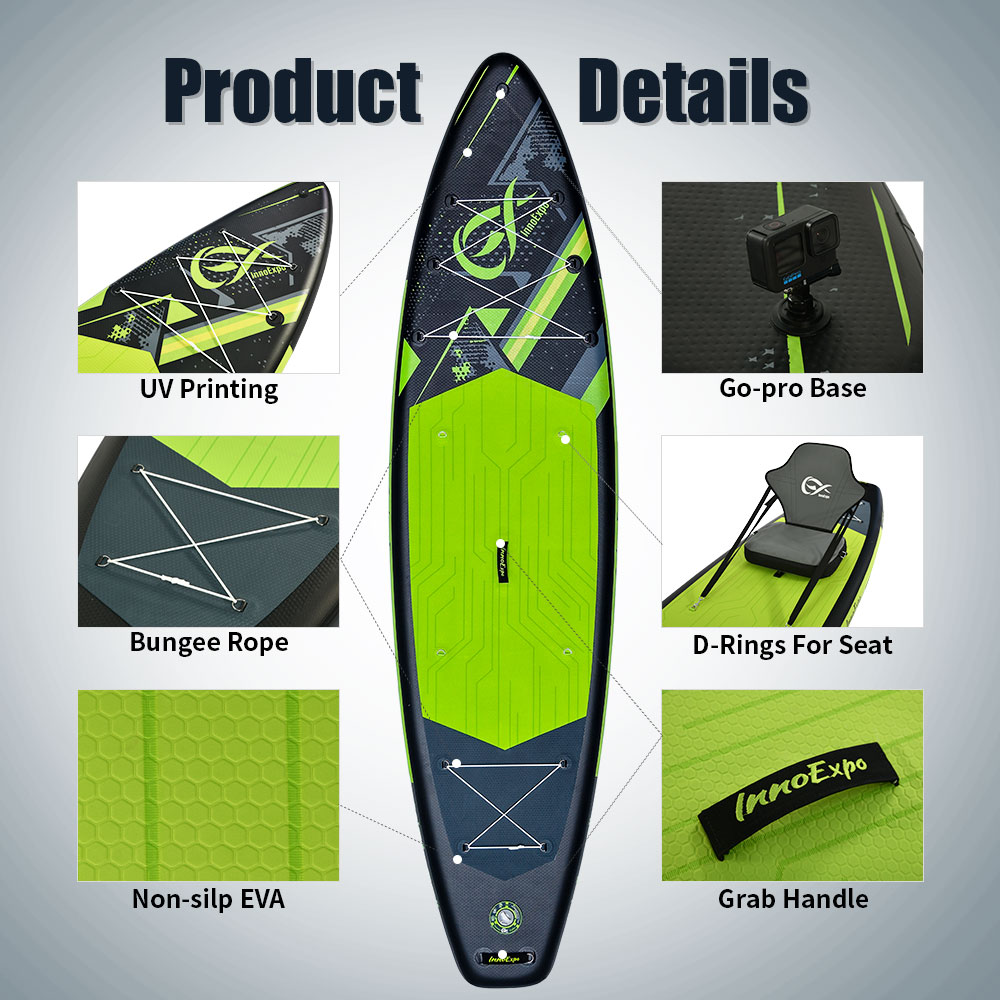 INNOEXPO,Inflatable Paddleboards,350*89*15cm,Non-silp EVA,230KG Weight Capacity,Inflation range 12-15PSI,with Go-pro Base,2-IN-1 Paddle,10L Waterproof Bag,Inflatable Seat,D-Rings For Shoulder Strap,Beginner Friendly