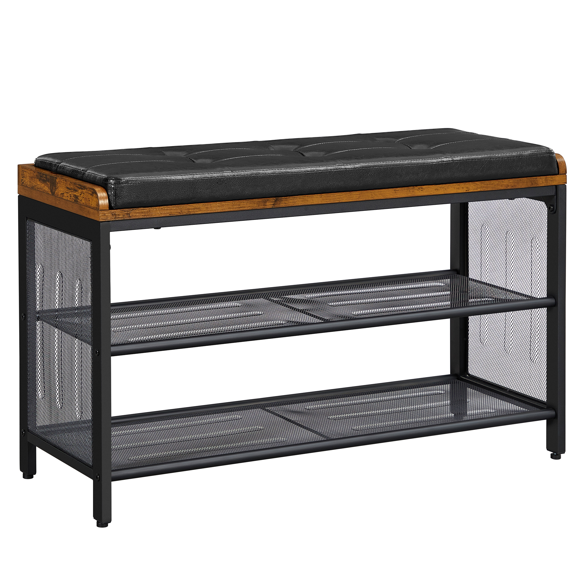 VASAGLE Banco Zapatero, Acolchado con Estante de Malla, Zapatero con Asiento, Vestíbulo, Marco Metálico, Fácil Montaje, Ahorra Espacio, Industrial, Imitación de Cuero Negro, Marrón Rústico