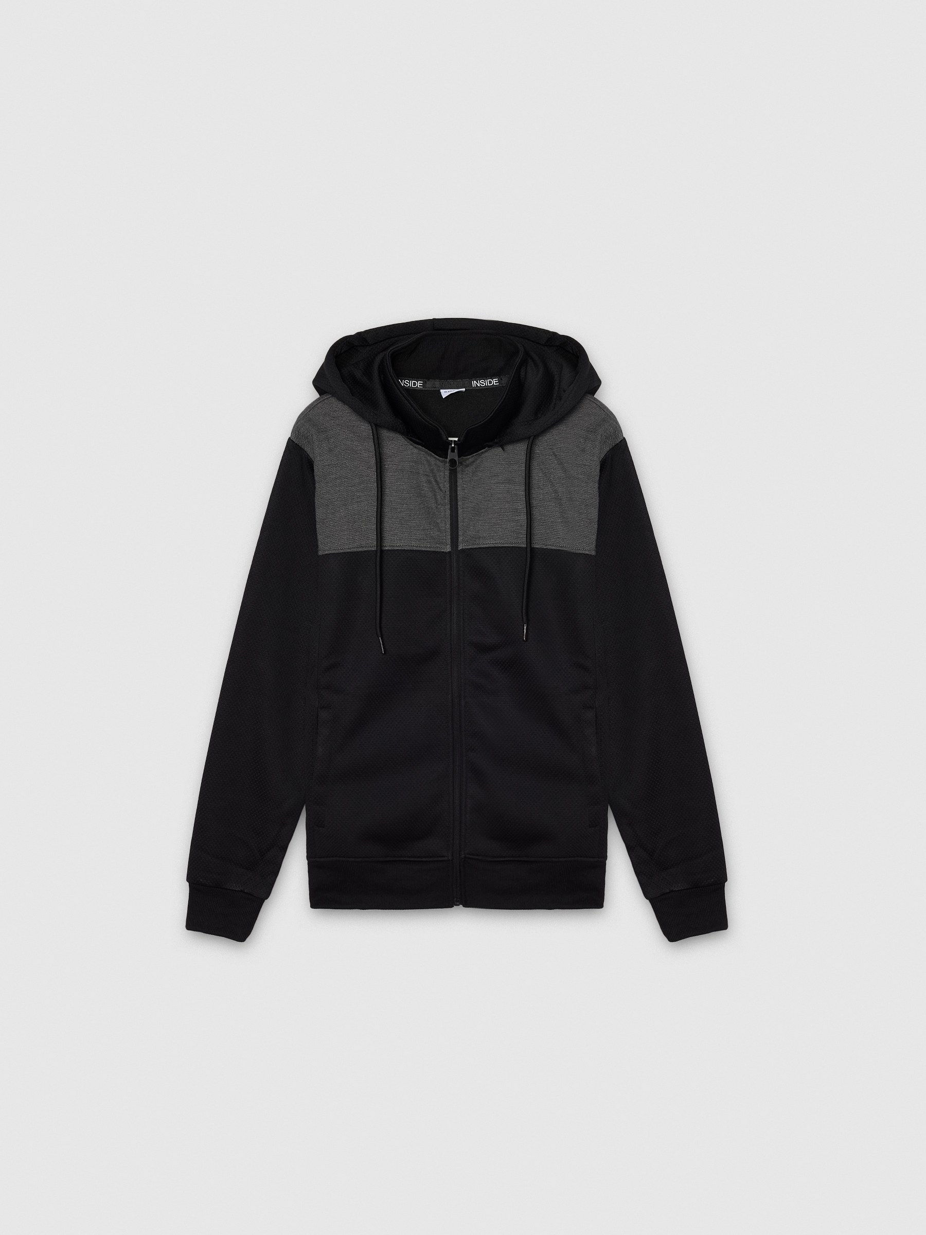 Sudadera con capucha, color block, felpa, cremallera frontal, detalles efecto piel, ancho 52 cm INSIDE
