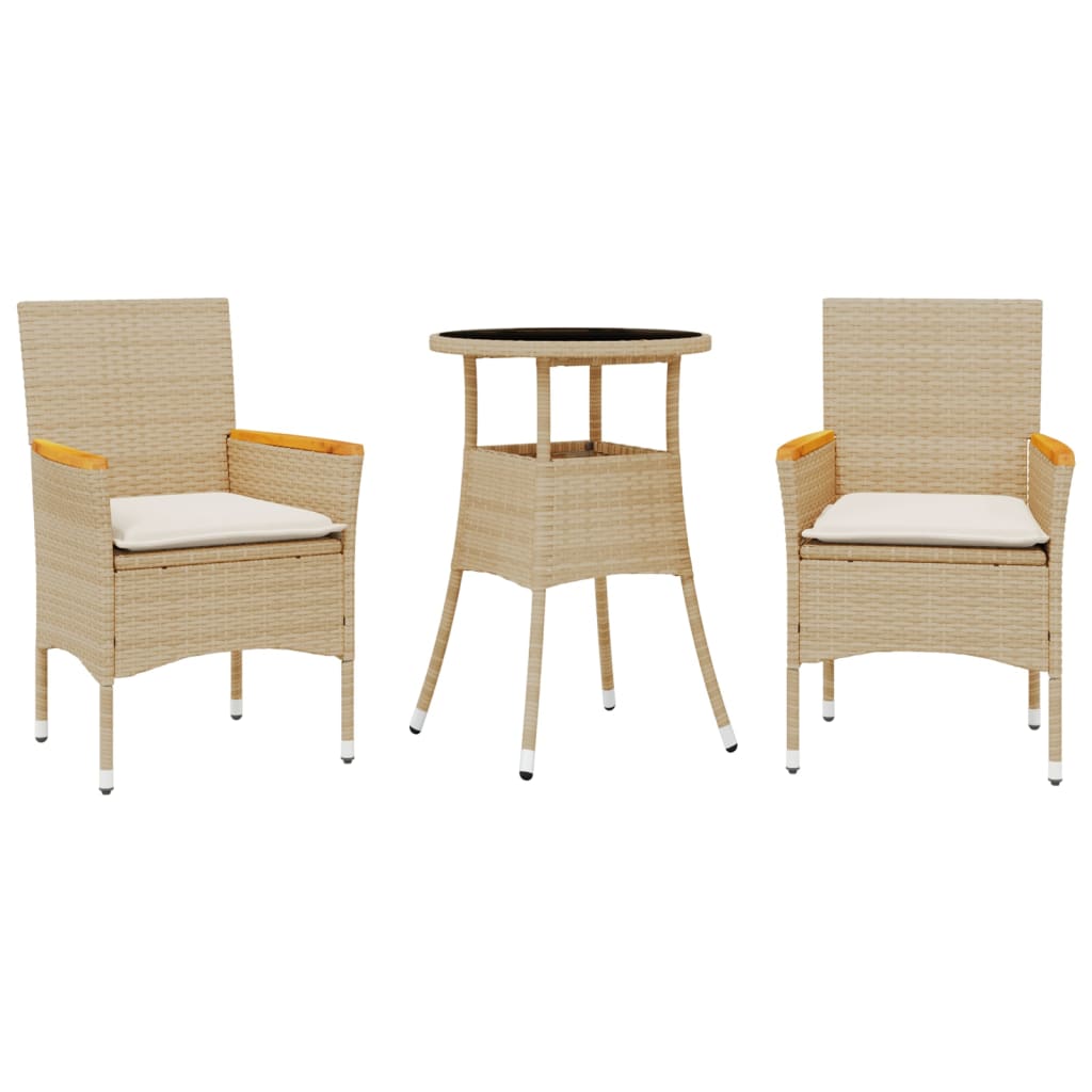 vidaXL Set comedor jardín 3 pzas cojines ratán sintético vidrio beige