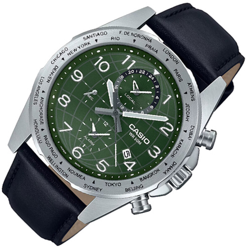 ​reloj deportivo hombre Casio MTP-W500L-3AV 43.9mm Hora Mundial 50m WR correa de cuero Indicador de batería Alarma
